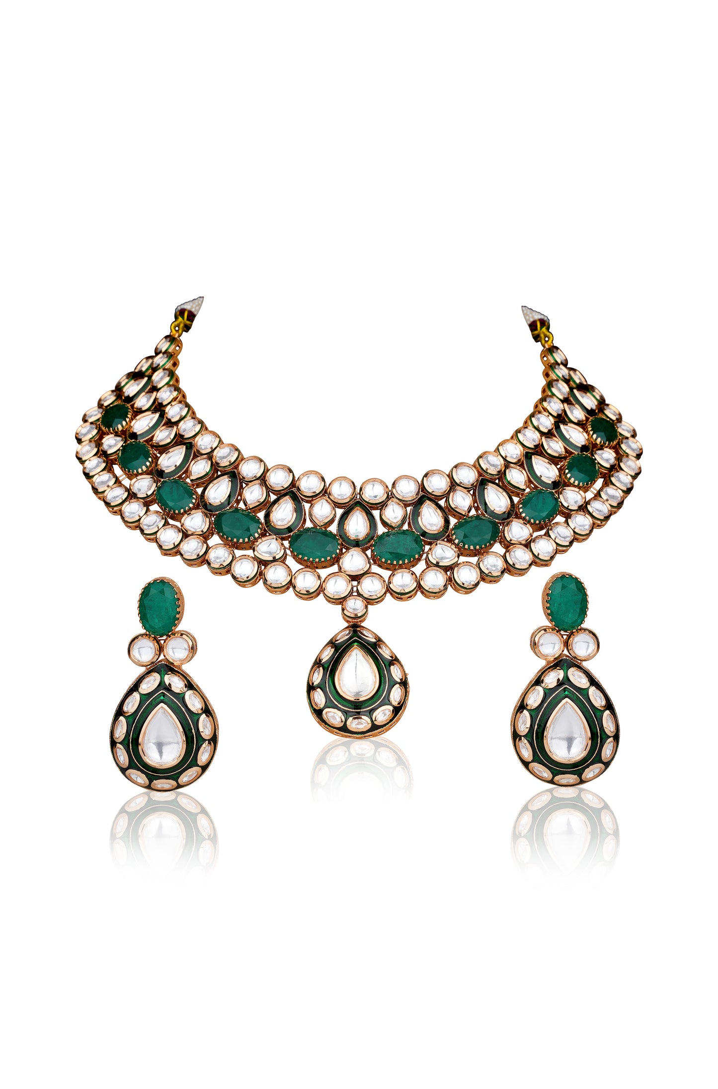 Rajasthani Emerald-Green Agate & Moissanite Polki Meenakari Layered Choker Set — 22K Gold Finish (Set of 2)