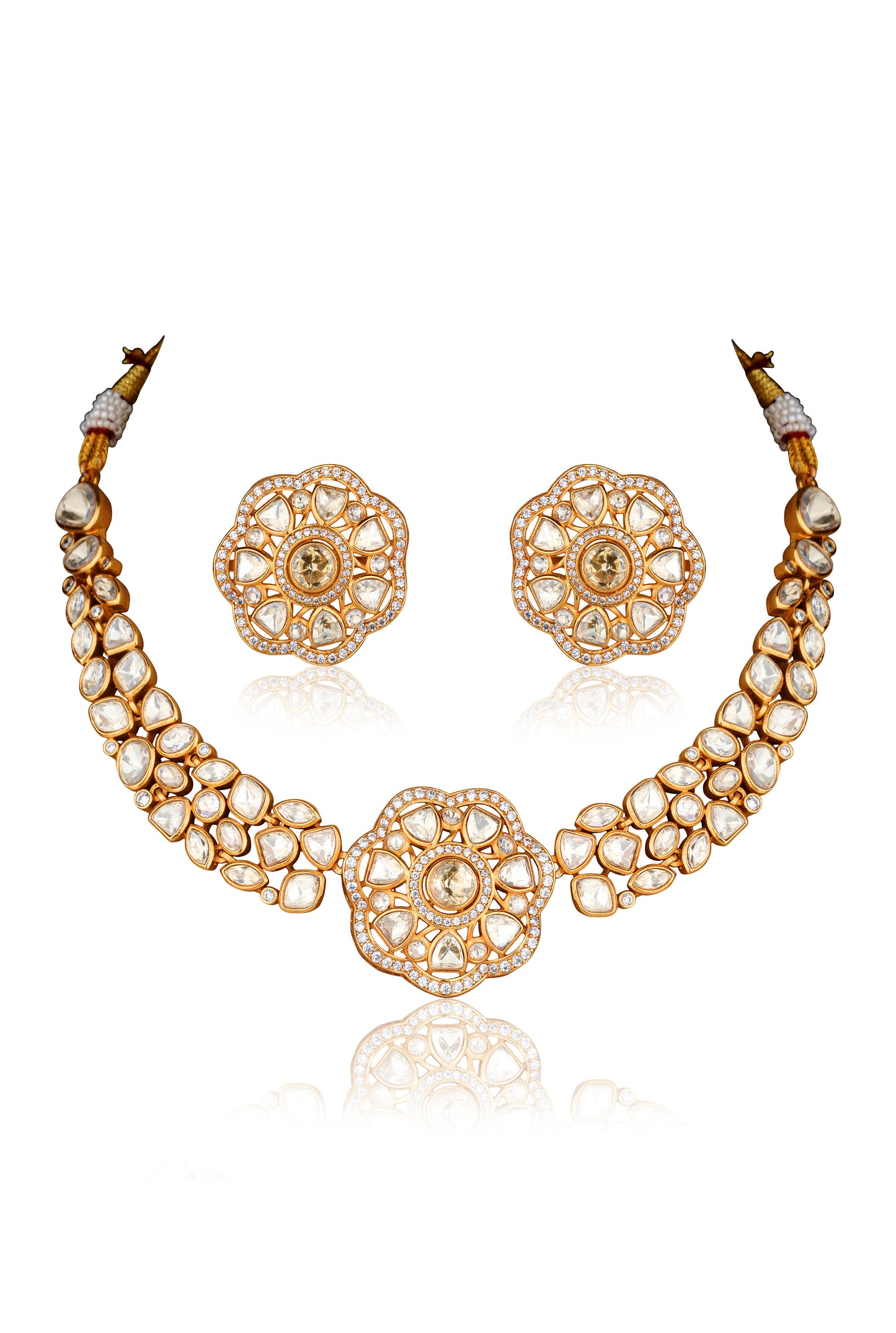 Moissanite Polki Floral Kundan Choker Necklace Set in 22 Karat Gold (Set of 2)