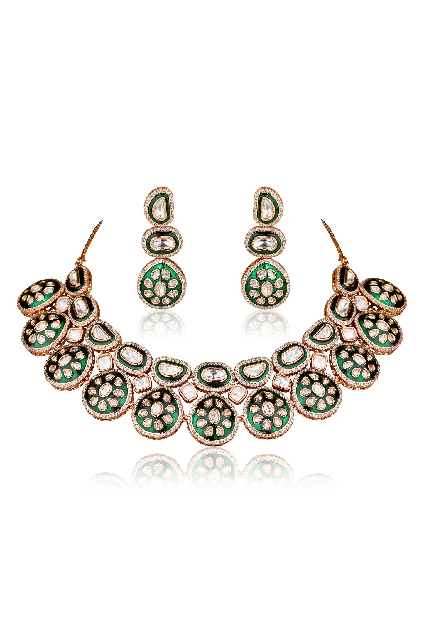 22K Gold Finish Moissanite Polki and Green Meenakari Bridal Necklace Set with Maang Tikka — Mughal (Set of 3)
