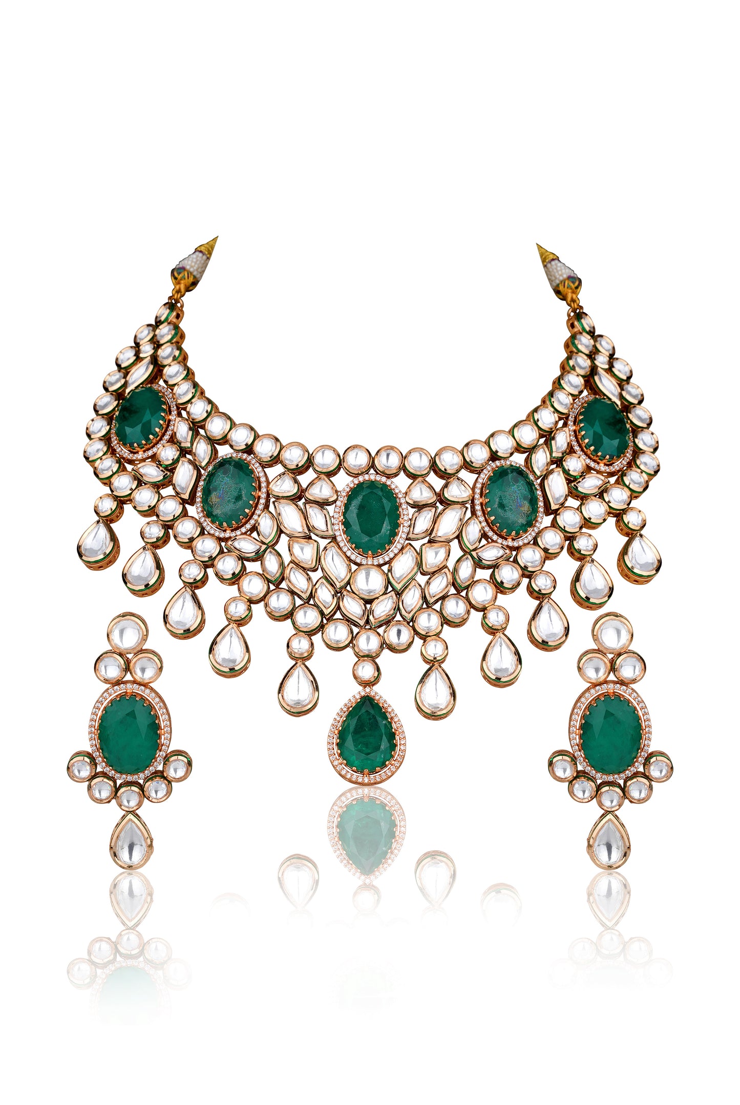 Emerald Polki Choker Necklace Set with Maang Tikka (Set of 3)