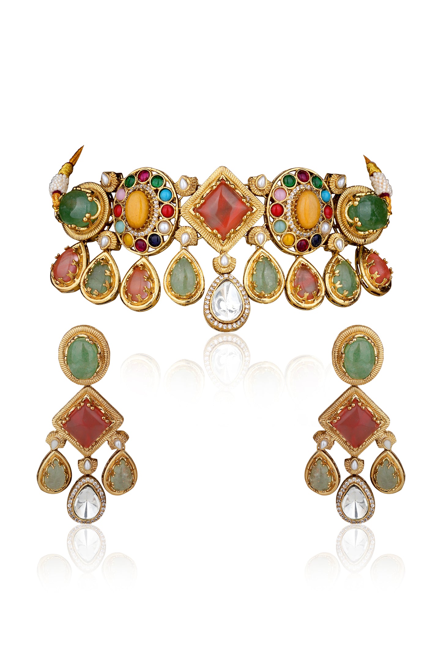 22K Gold-Finish Navratan Multi-Stone Choker & Chandelier Earring Set (Set of 2)