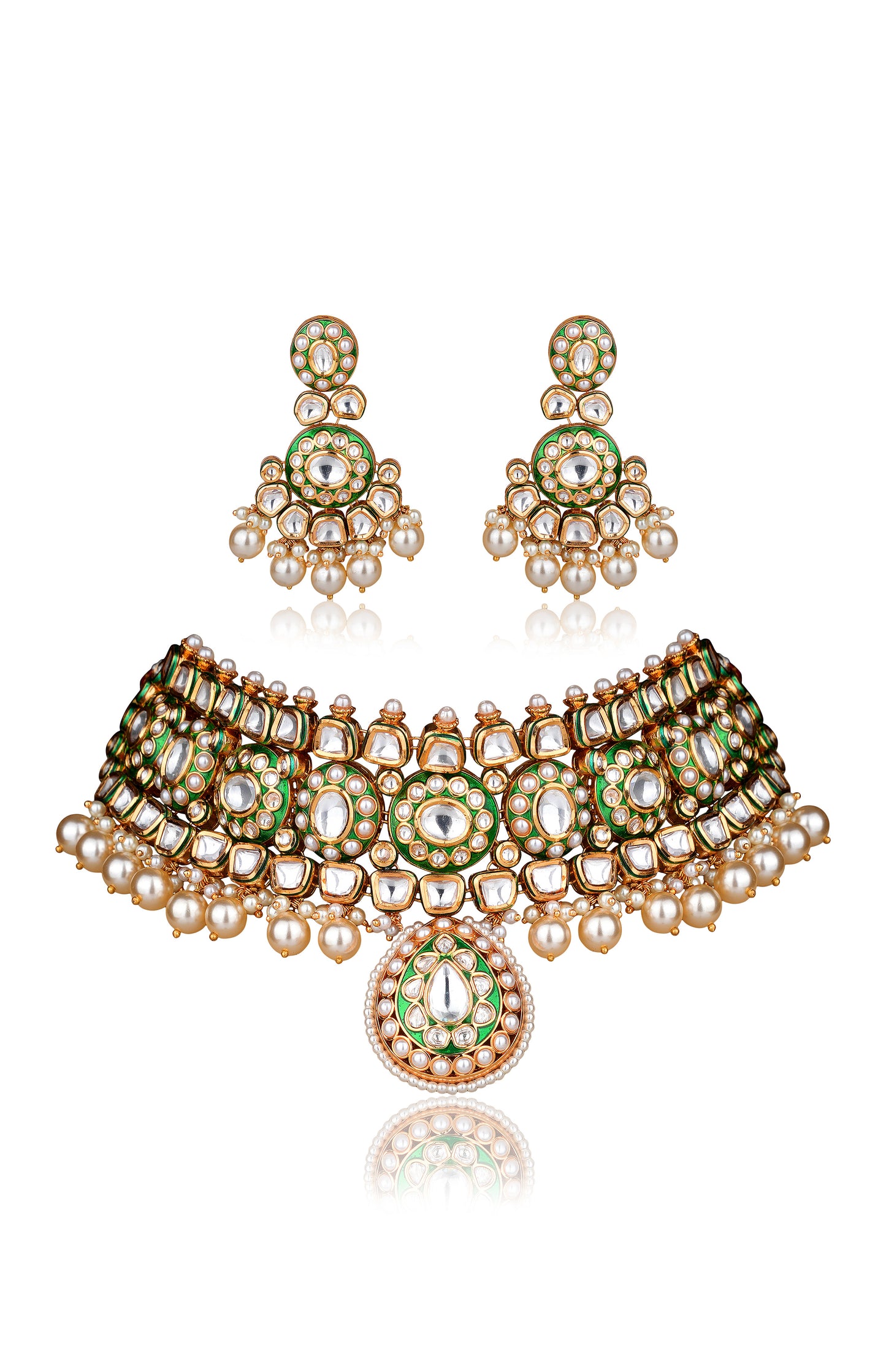 Emerald Green Enamel Moissanite Polki Choker Set with Pearl Drops in 22 Karat Gold Plating (Set of 3)