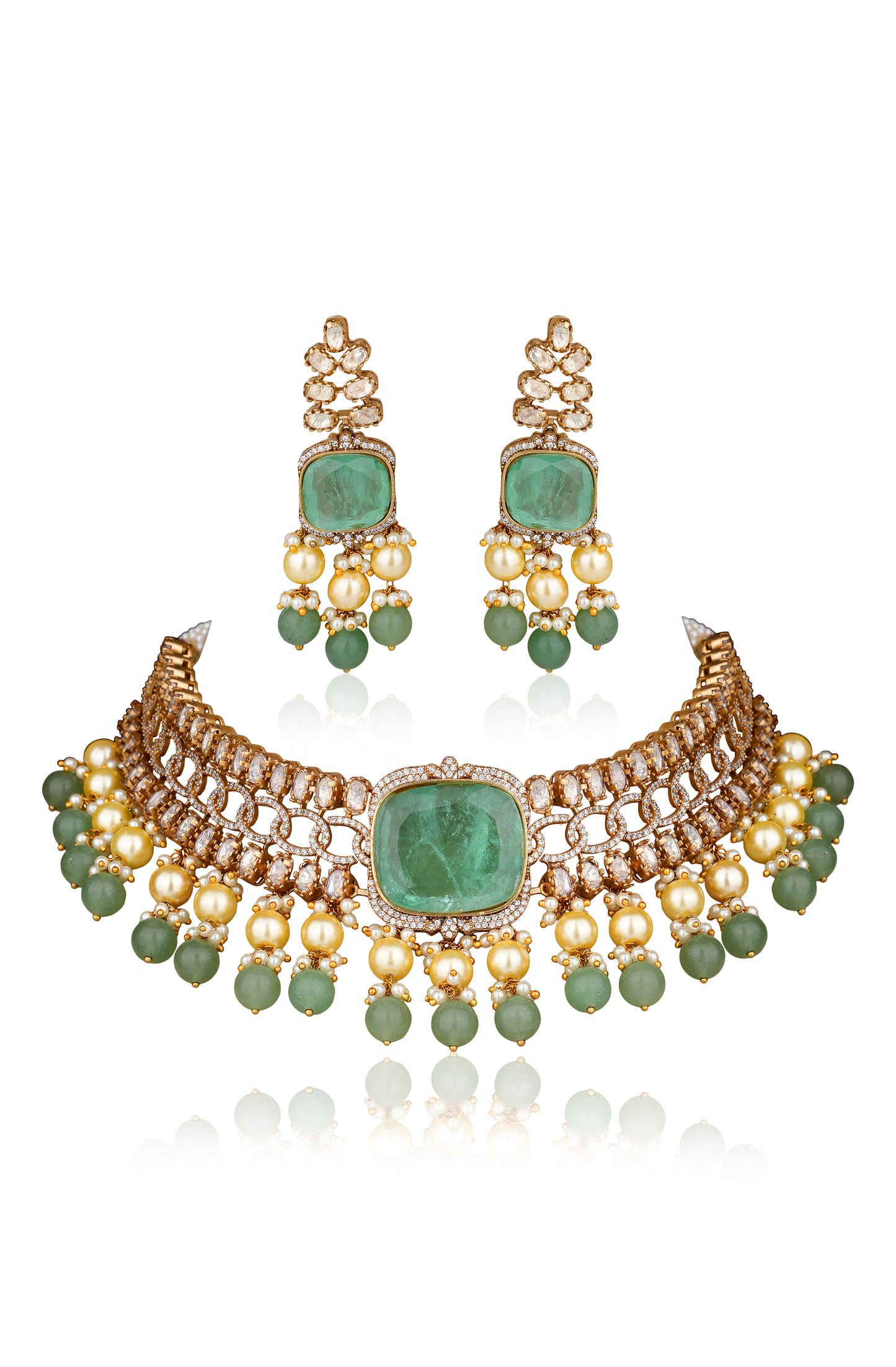 Art Deco 22K Gold-Finish Green Agate Solitaire & Moissanite Polki Geometric Choker Set — Festive Contemporary