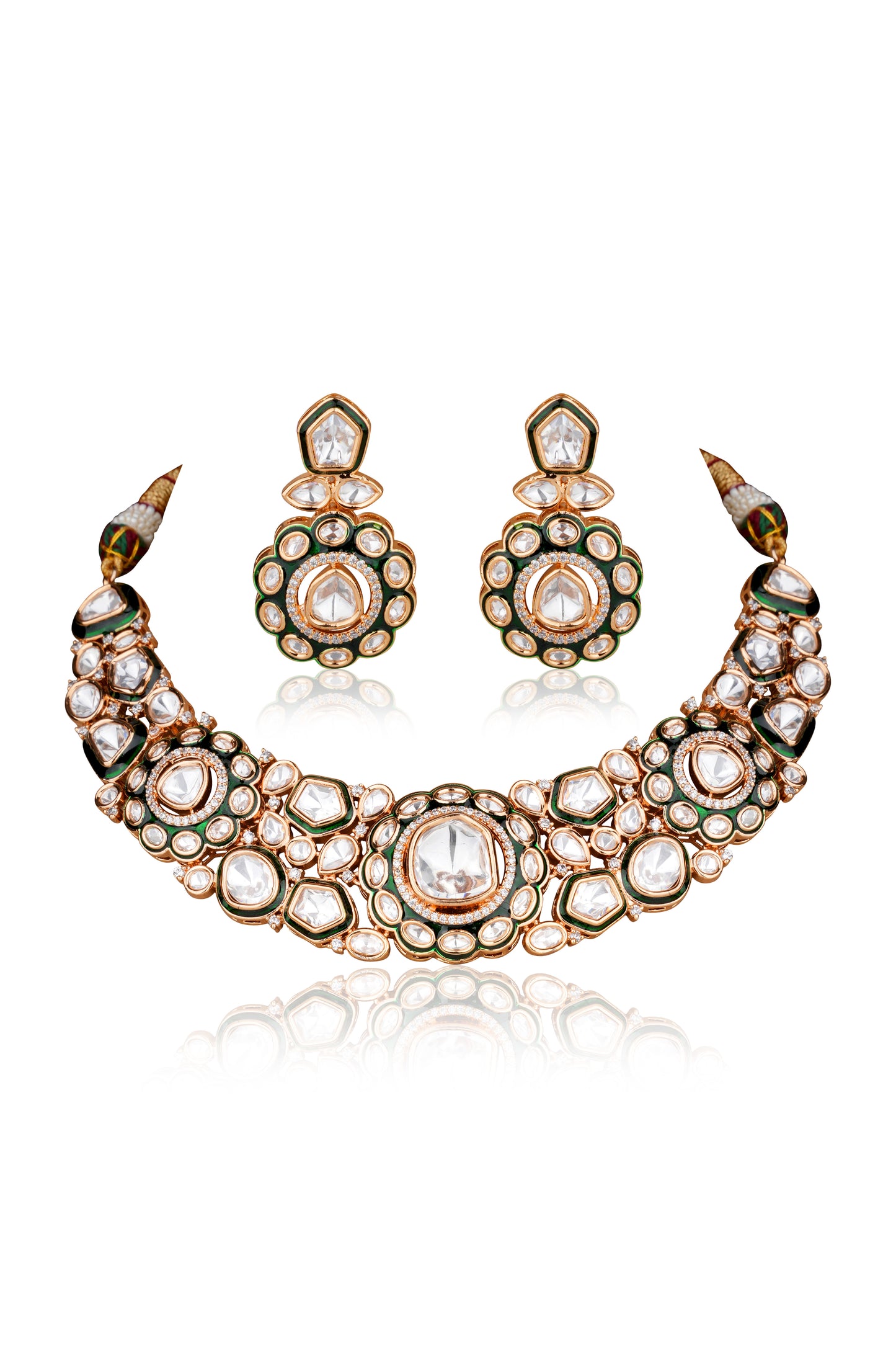 22K Gold Moissanite Polki & Deep Forest Green Enamel Collar Choker & Drop Earring Set (Set of 2)