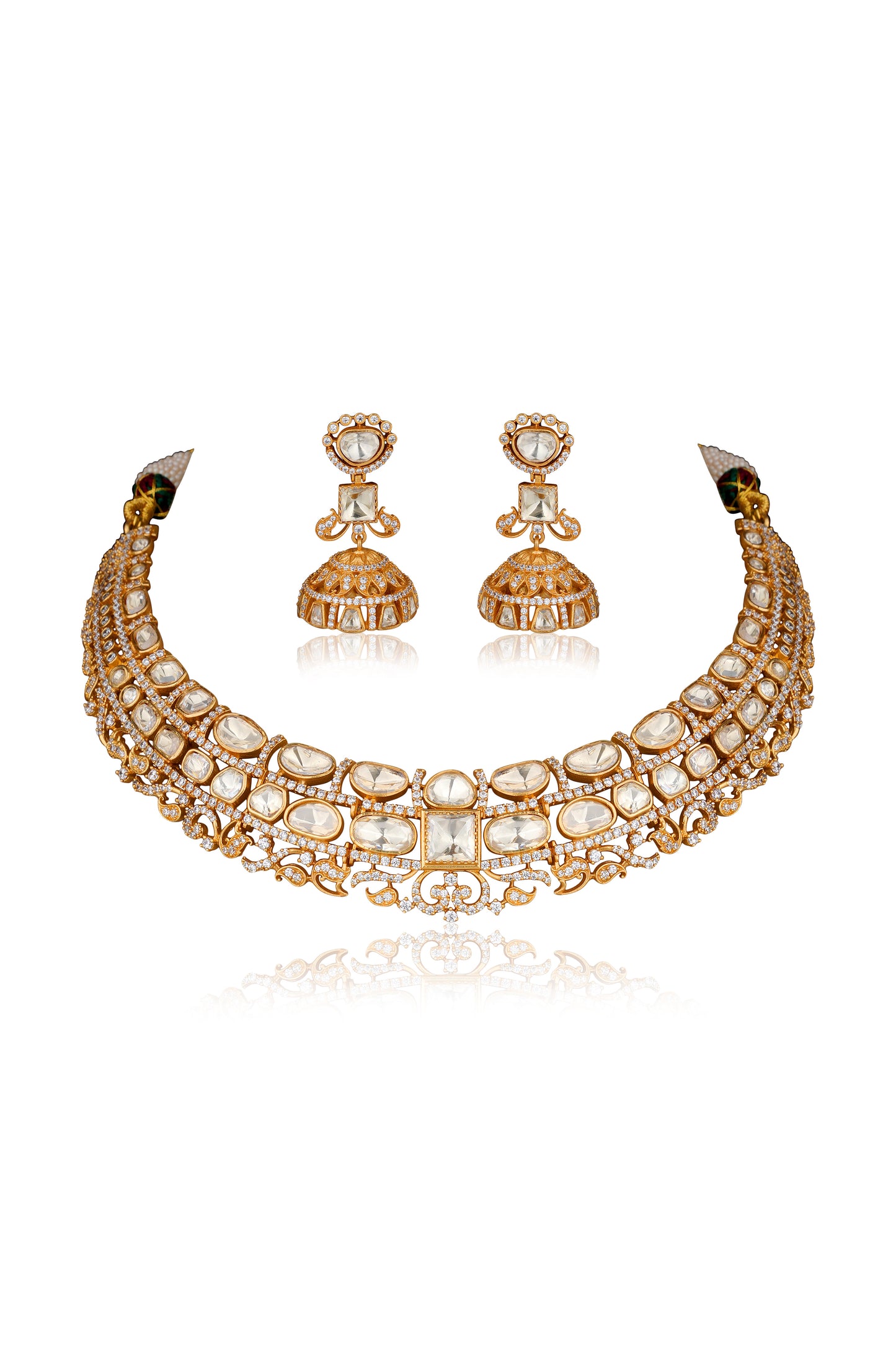 Moissanite Polki Jhumka Set with Scrollwork Kundan Choker in 22 Karat Gold (Set of 2)