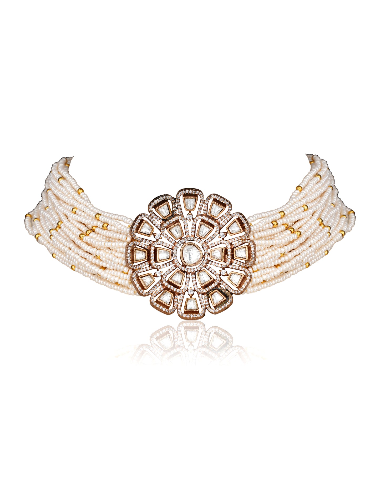 Multi-Strand Pearl Choker with Floral Moissanite Polki Mandala Pendant — Contemporary Chic