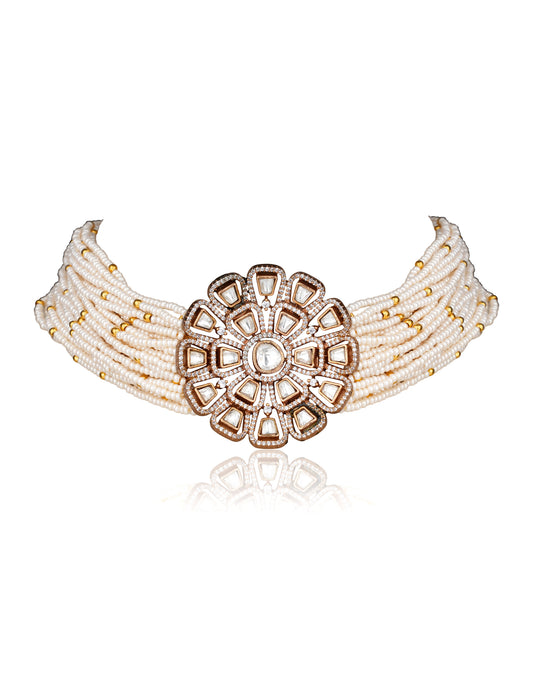 Multi-Strand Pearl Choker with Floral Moissanite Polki Mandala Pendant — Contemporary Chic