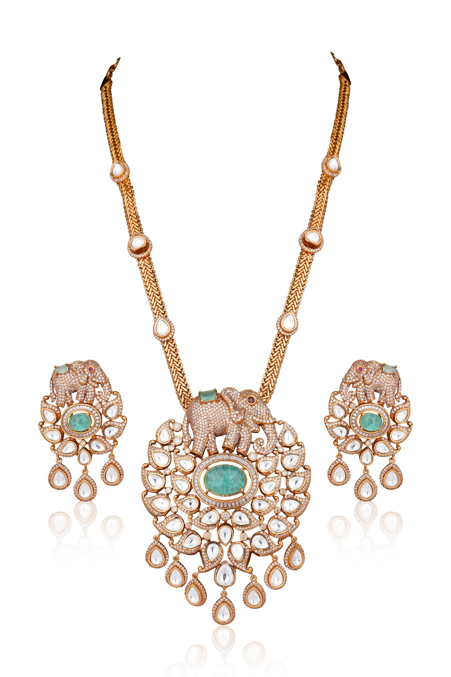22K Gold-Plated Moissanite Polki & Pavé American Diamond Elephant Long Necklace Set with Drop Earrings (Set of 2)