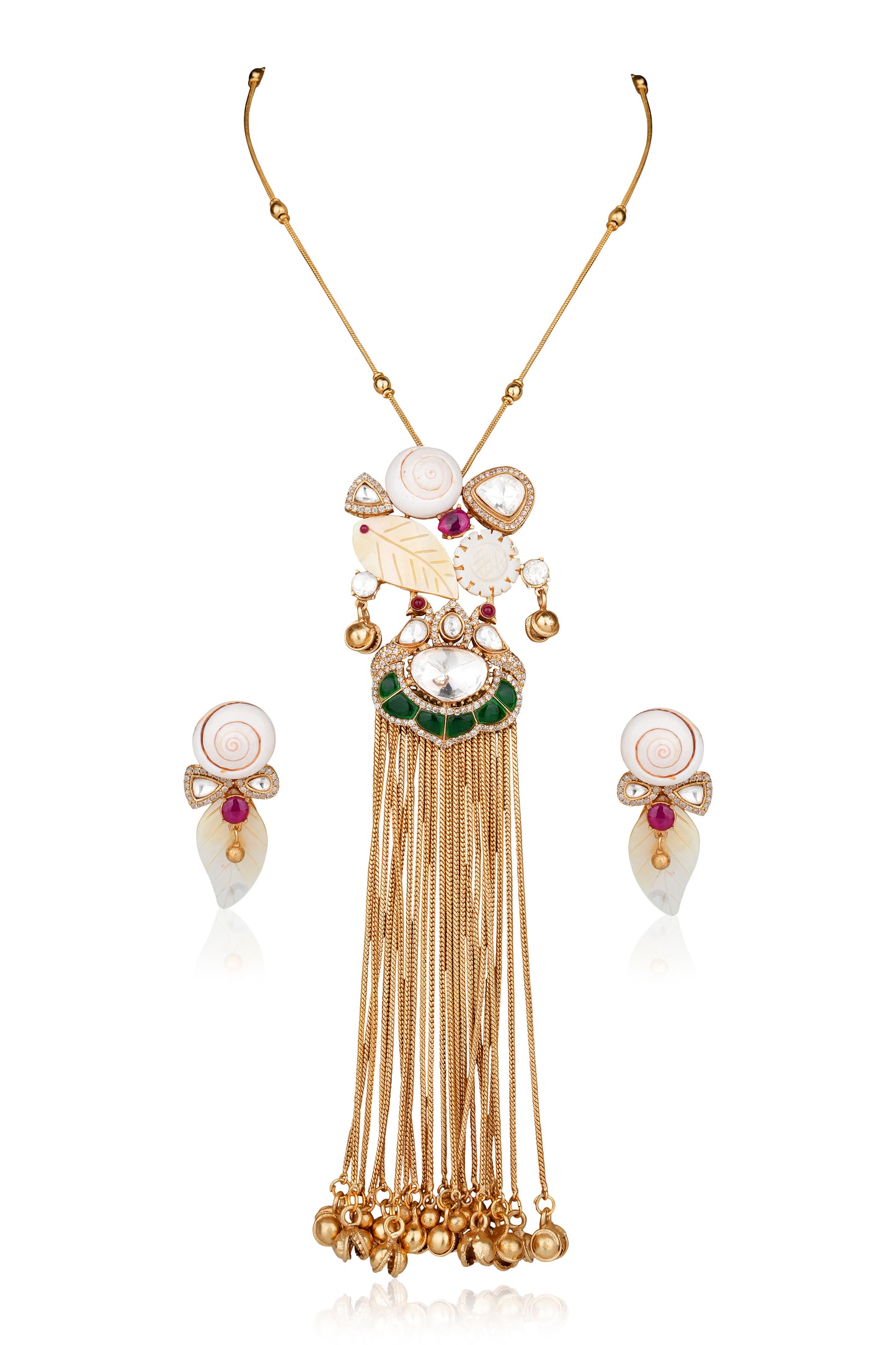 Gold Tassel Long Necklace Set with Bone Inlay & Kundan — Artisan Statement (Set of 2)