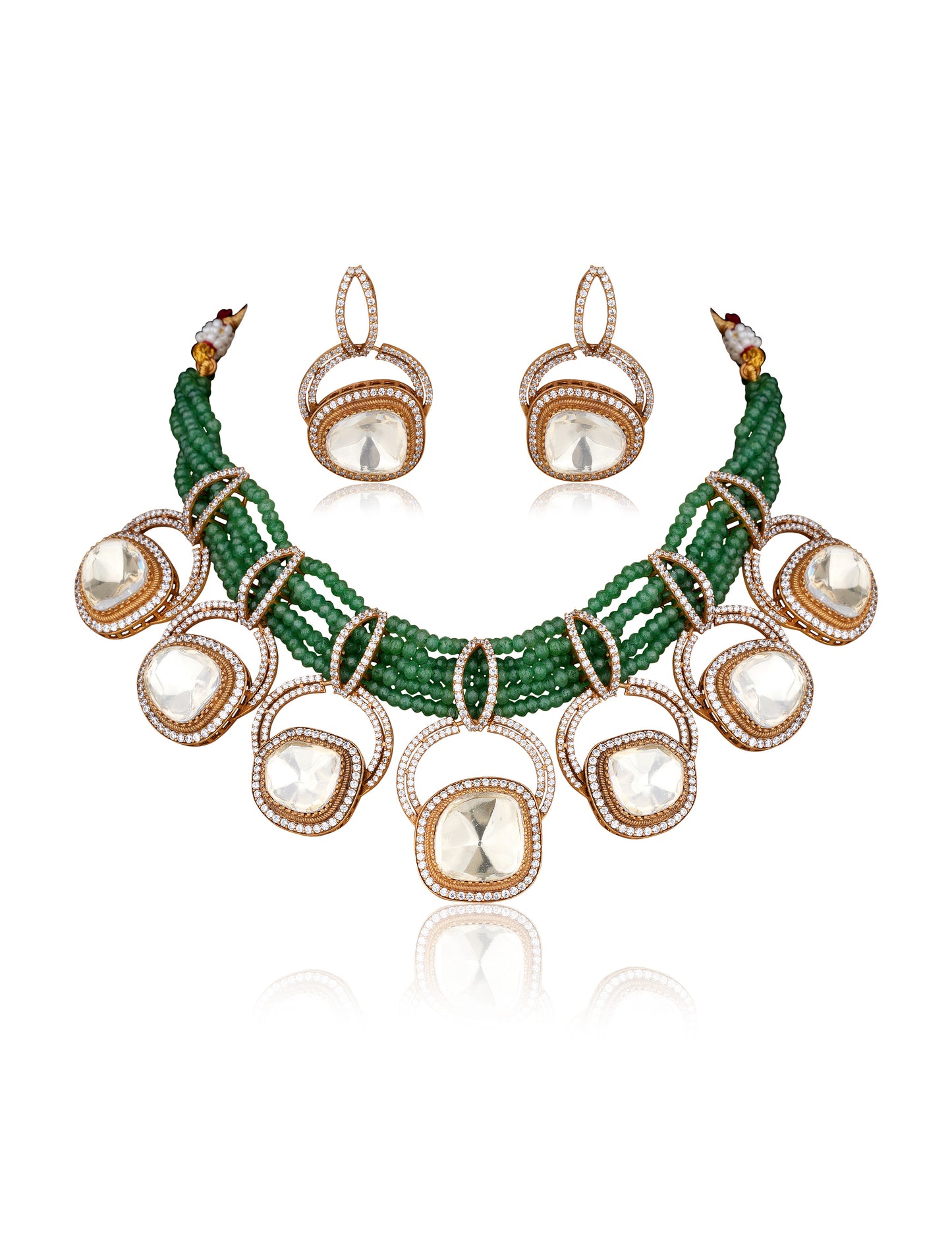 Emerald Bead Choker with Moissanite Polki Orbit Drops & American Diamond Earrings in 22 Karat Gold-Plating (Set of 2)