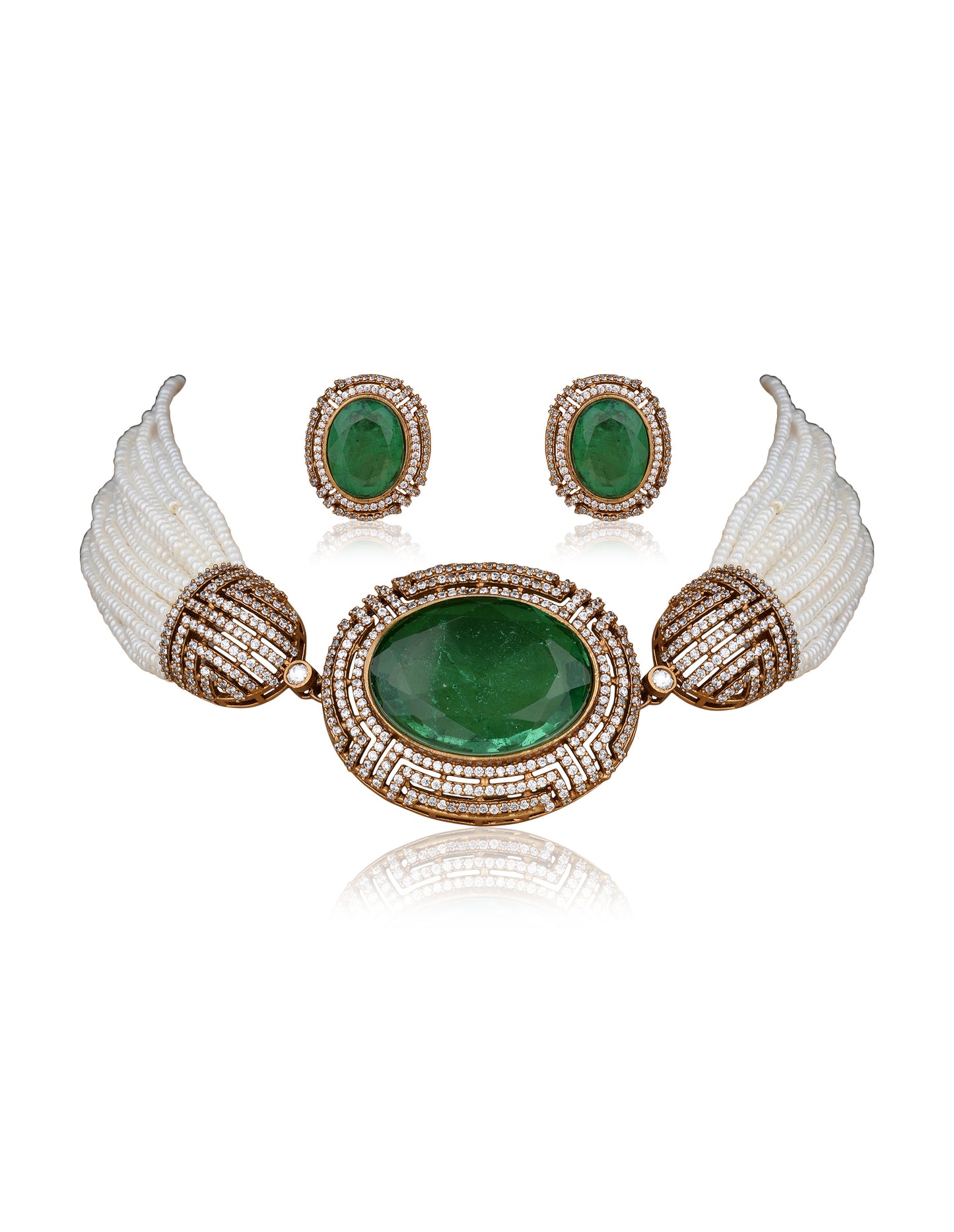 Emerald & Multi-Strand Pearl Choker Set with Art Deco American Diamond Frame in 22 Karat Gold-Plating (Set of 2)