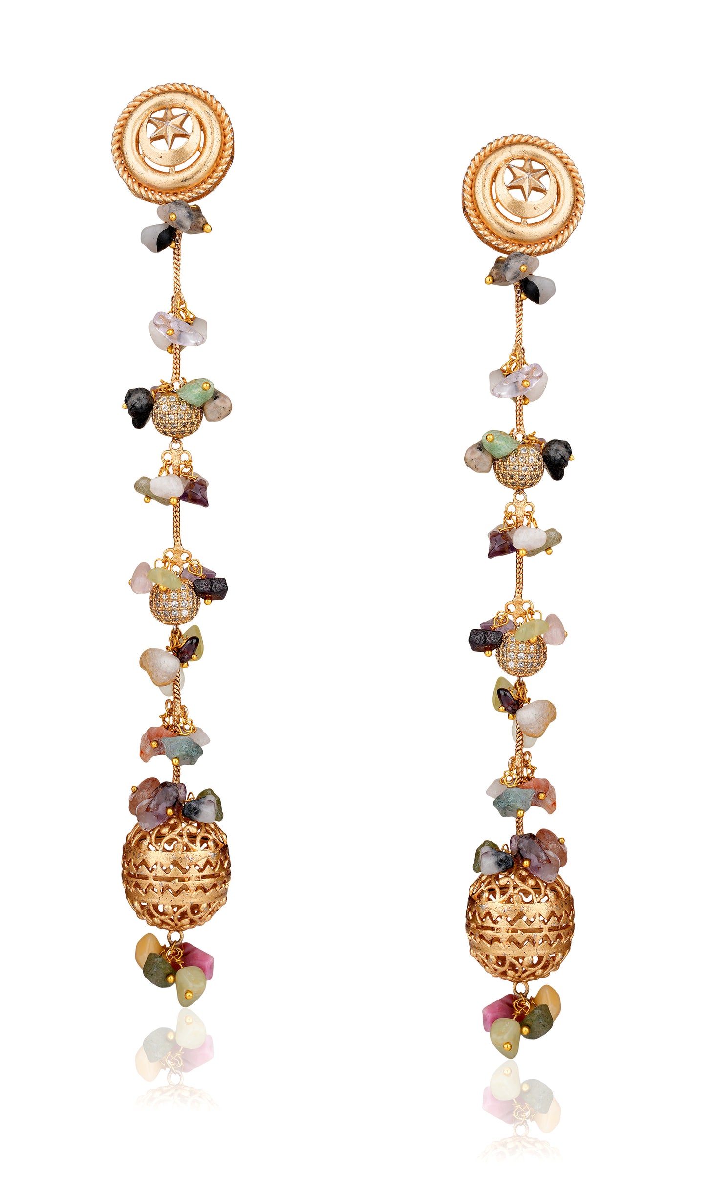 Cresecent Moon and Star Stud Long Drop Earrings with Raw Amethyst, Pale Jade, and Tourmaline  — Boho Luxe