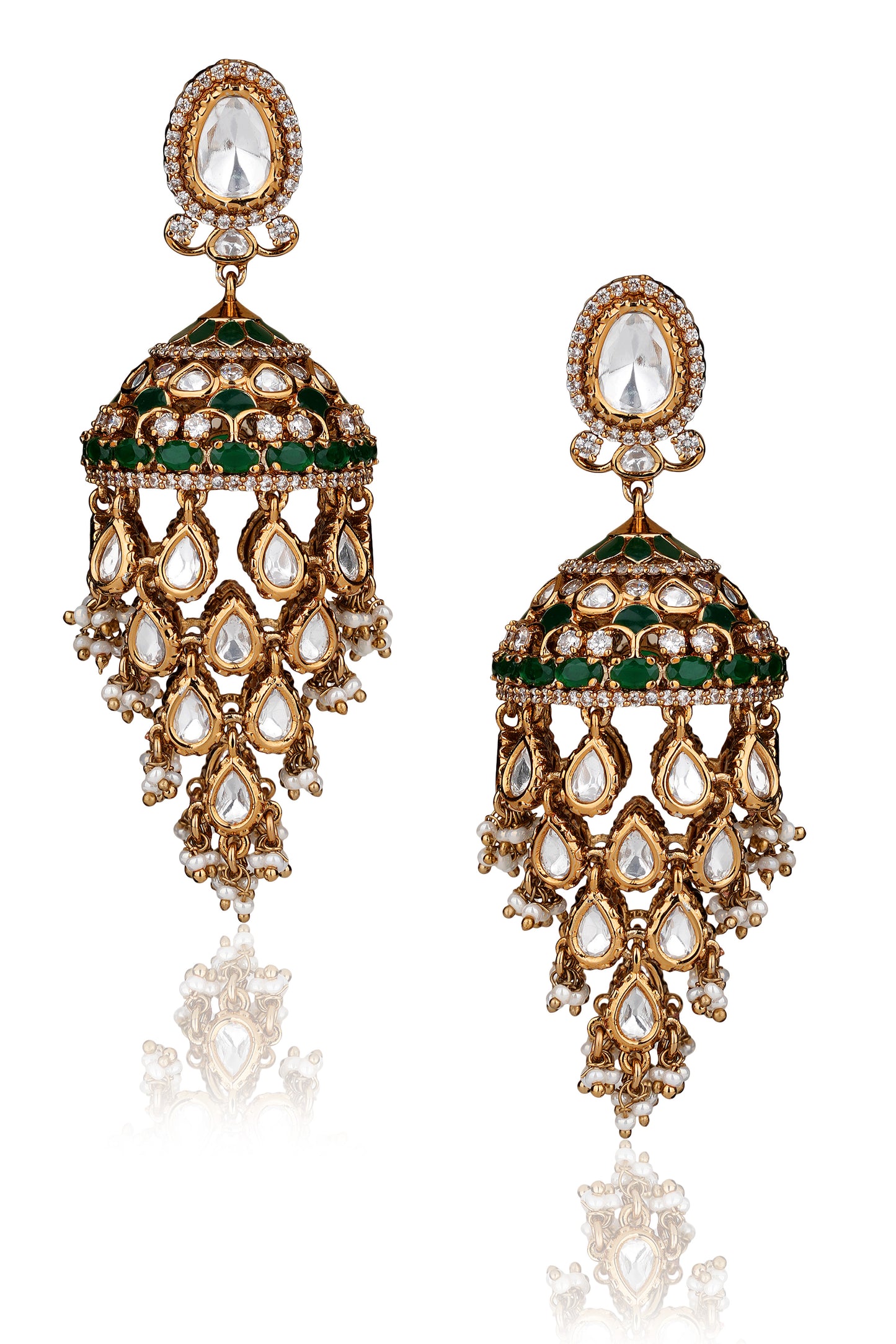 Gold-Plated Moissanite Polki & Emerald Green Agate Chandelier Jhumka Earrings — Mughal Festive