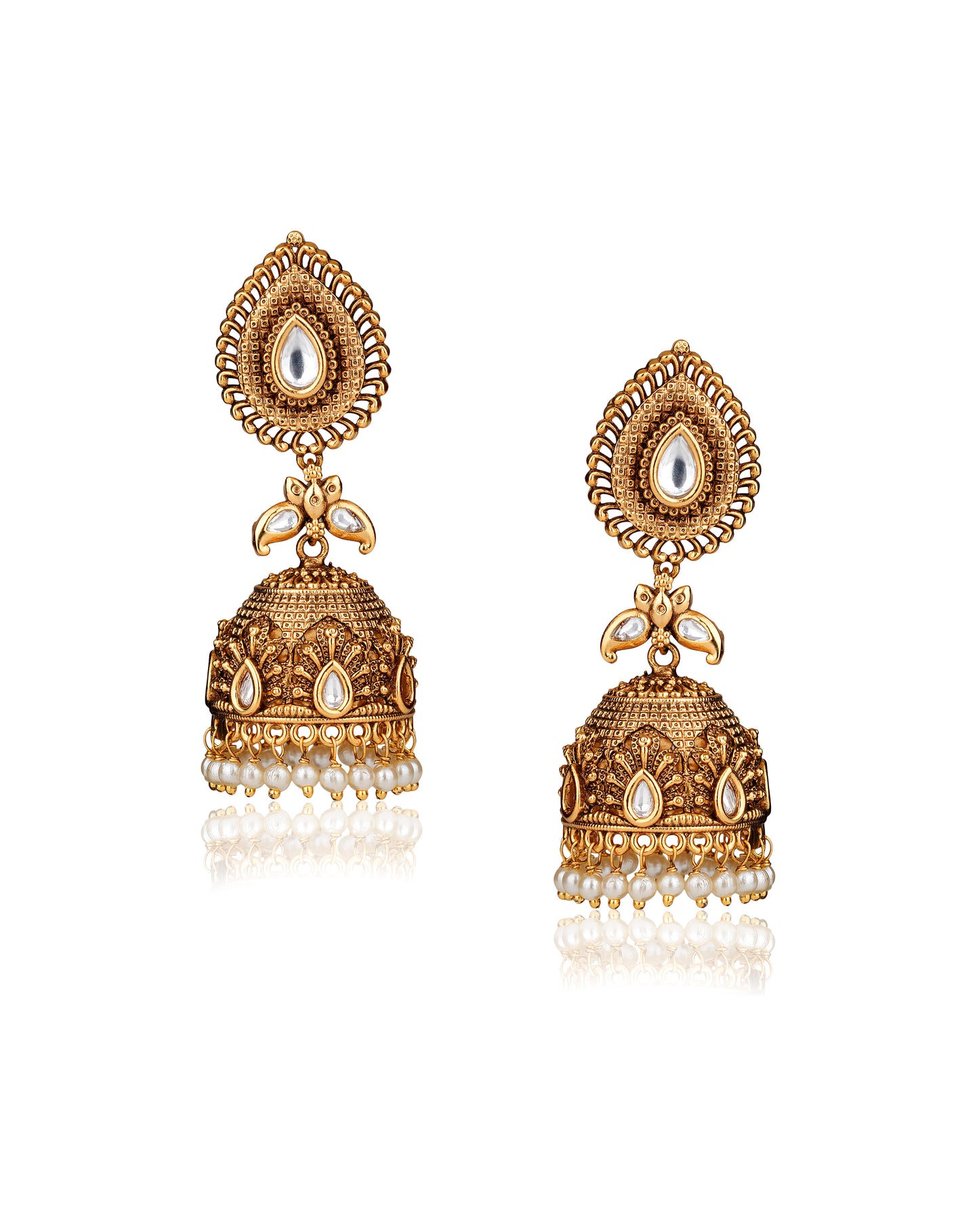 Antique Gold Polki Jhumka Earrings with Pearl Drops — Traditional South Indian Jewellery