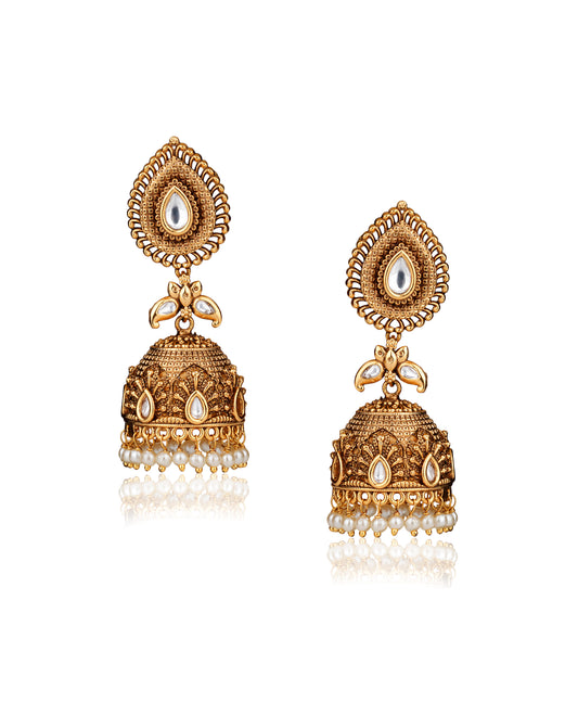 Antique Gold Polki Jhumka Earrings with Pearl Drops — Traditional South Indian Jewellery