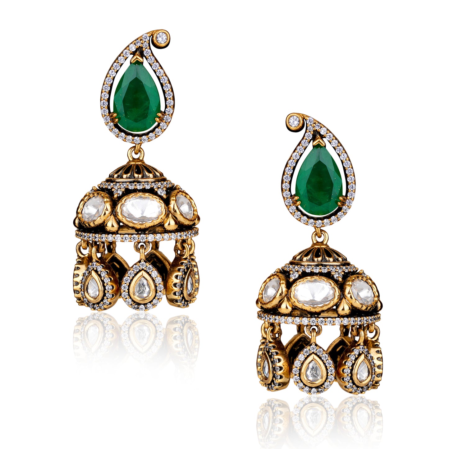 Emerald Green Agate, Polki, & Pavé American Diamond Jhumka Earrings in Antique 22 Karat Gold Finish
