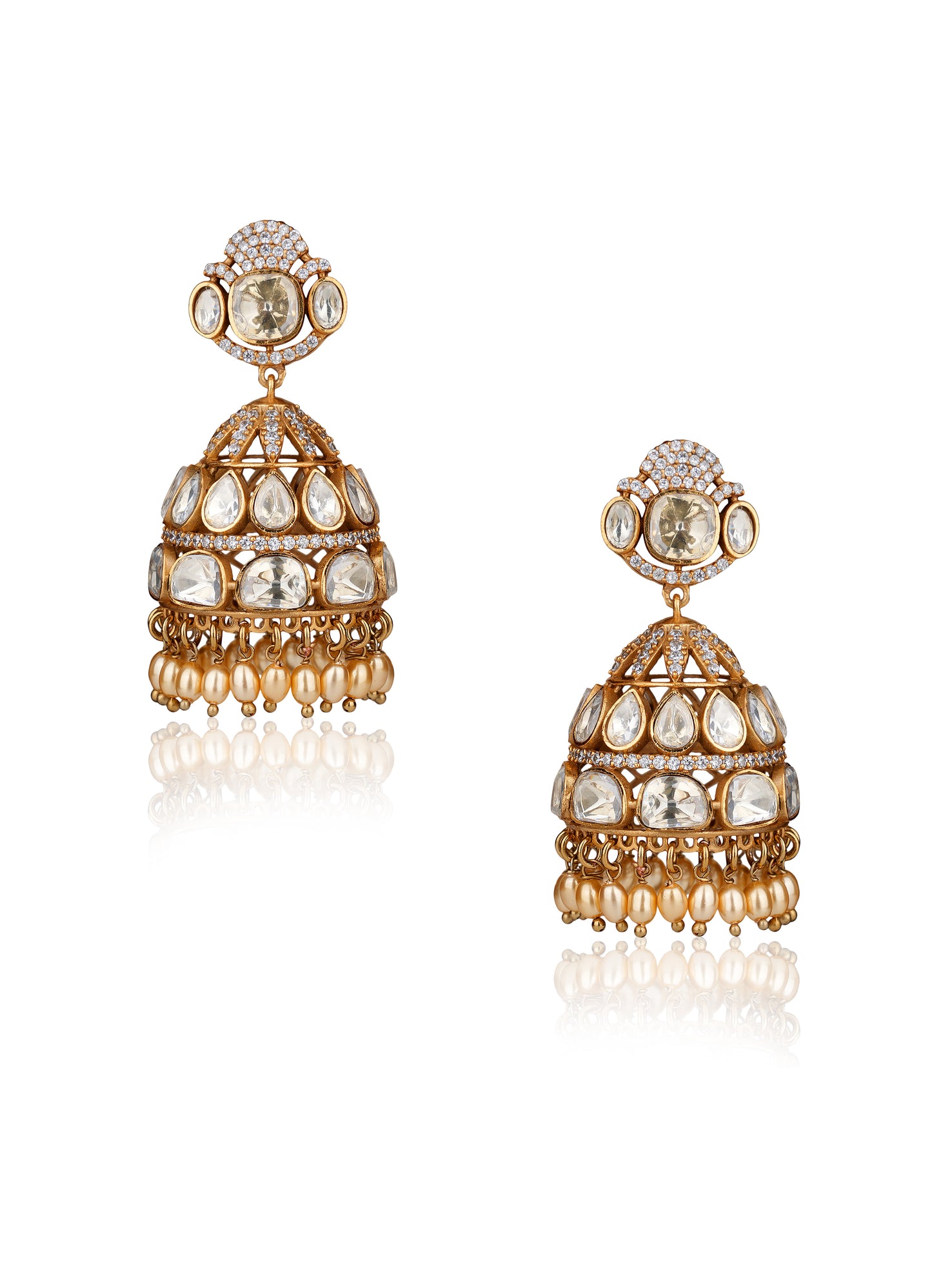 Gold-Plated Moissanite Polki Two-Tier Jhumka Earrings with an Oval Pearl Fringe