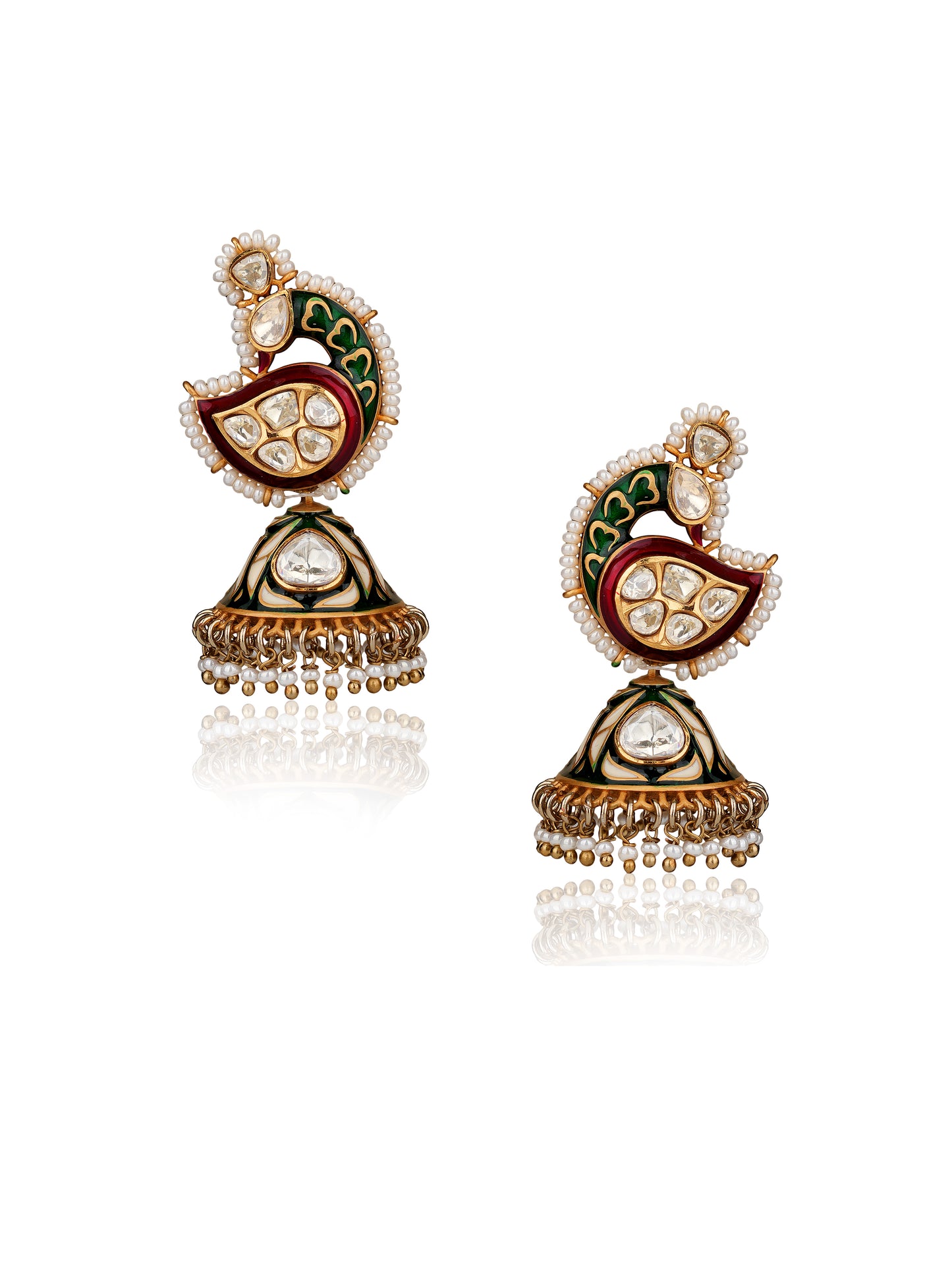 Peacock Meenakari Jhumka Earrings with Moissanite Polki & Pearl Drops — 22K Gold Finish