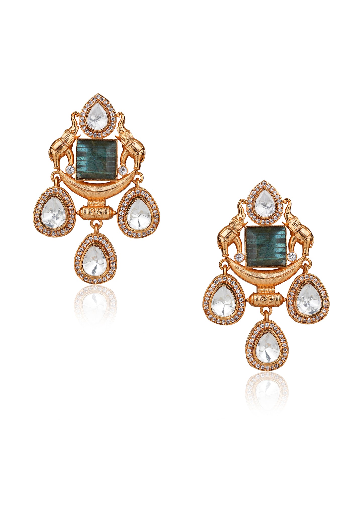 Gold-Plated Labradorite & Moissanite Polki Elephant Drop Chandelier Earrings — Statement Occasion Jewellery