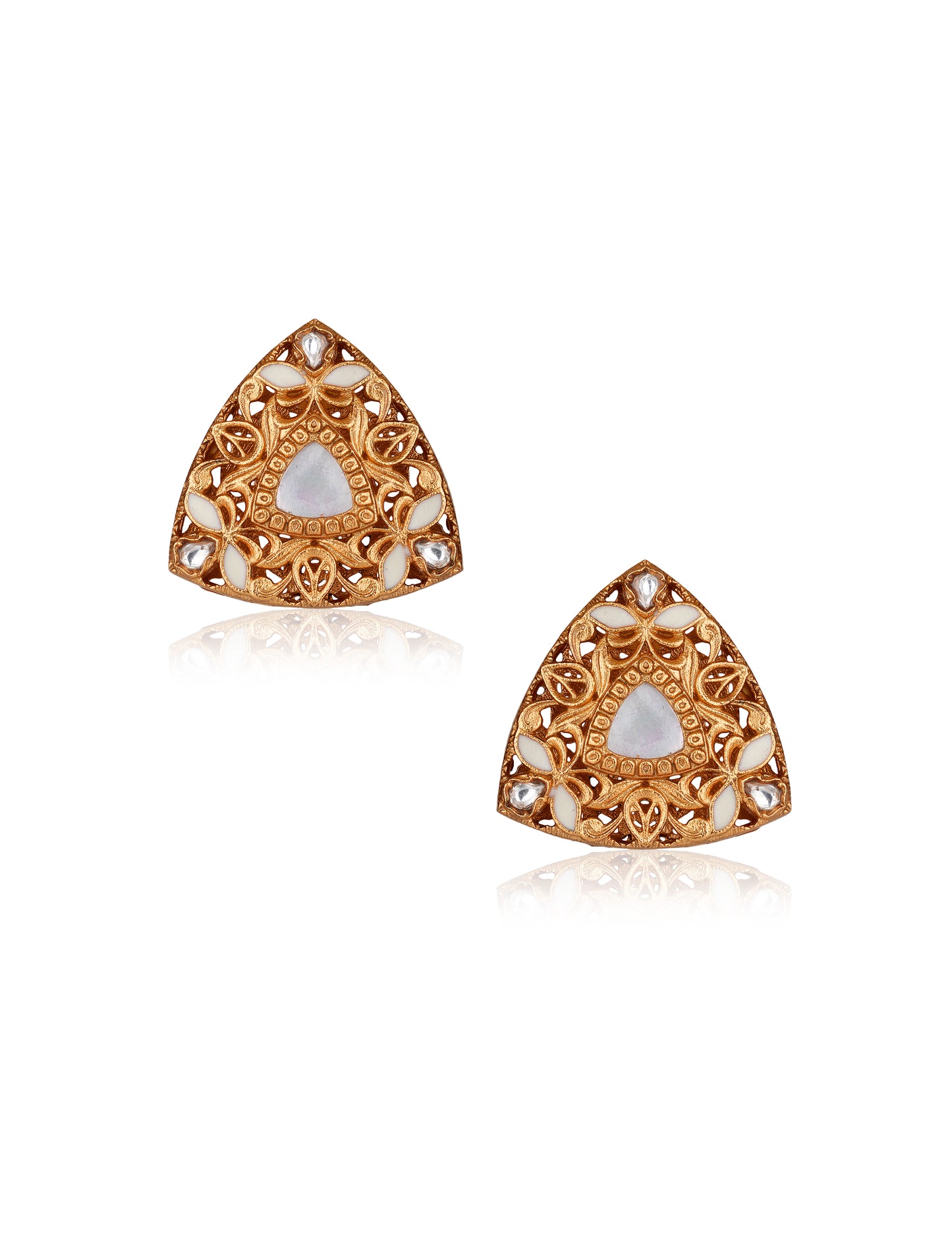 Gold-Finish Triangular Moissanite Polki Stud Earrings with White Meenakari — Rajasthani Bridal