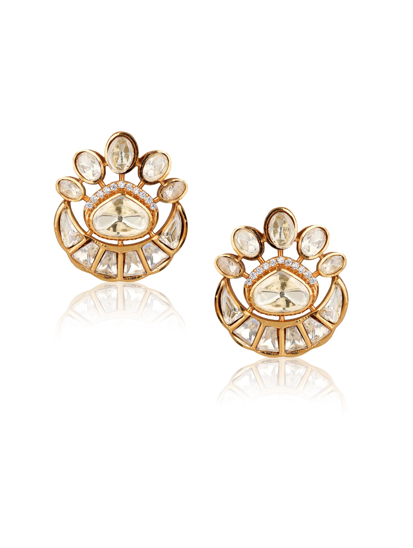 Gold-Plated Moissanite Polki Fan Stud Earrings with American Diamond Halo — Mughal Festive