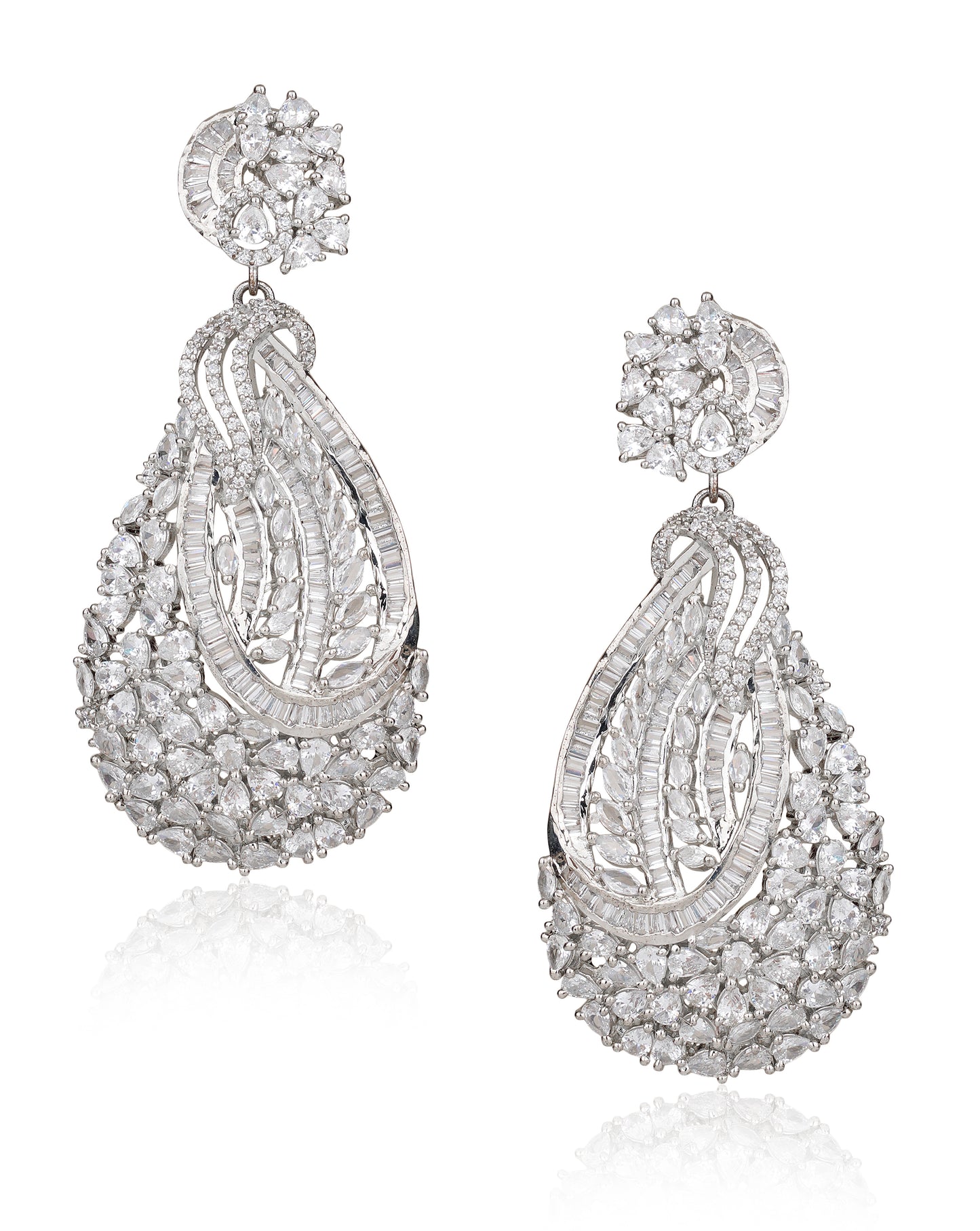 Statement American Diamond Chandelier Drop Earrings in Silver Finish — Bridal Crystal Dangle Earrings