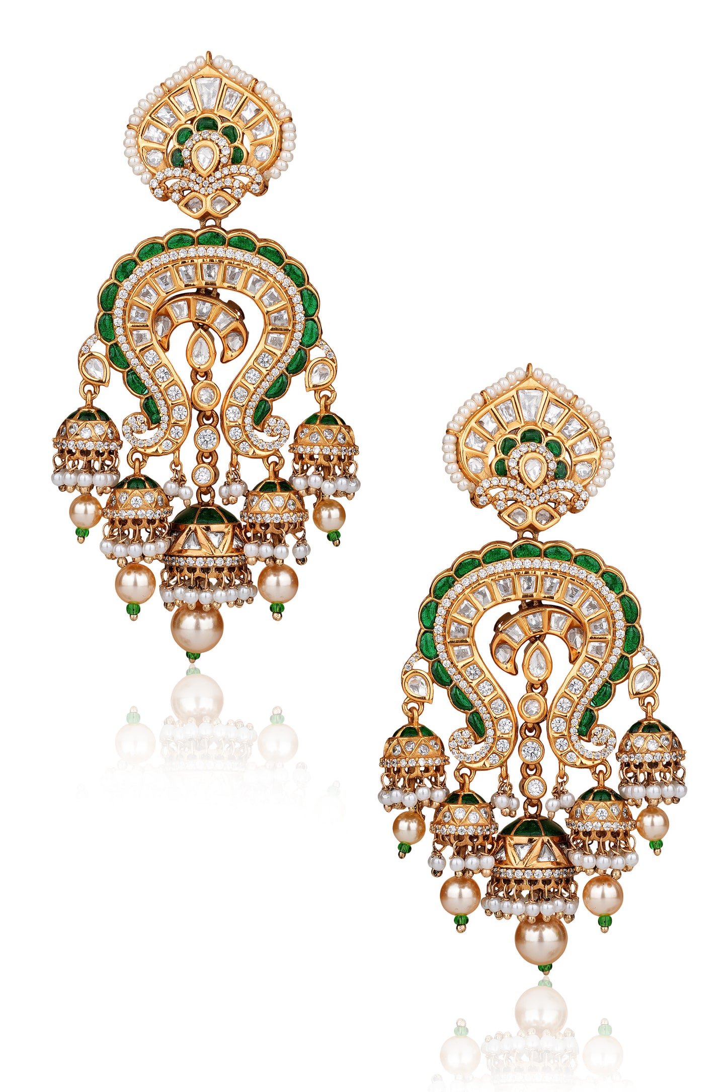 Price Check Gold-Plated Moissanite Polki Paisley Chandelier Earrings with Meenakari & Pearl Jhumkas