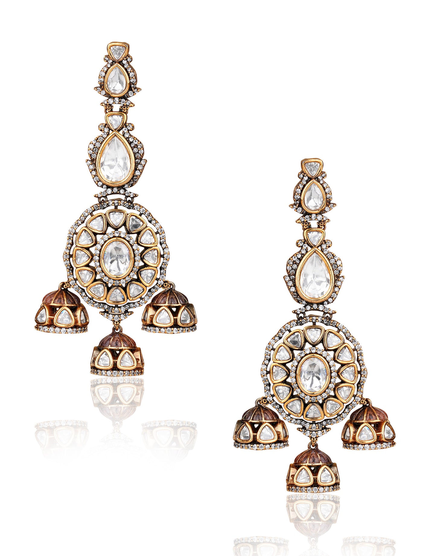 Victorian Two-Tone Moissanite Polki & American Diamond Triple Jhumka Chandelier Earrings: Gunmetal & Gold Foliate Drops