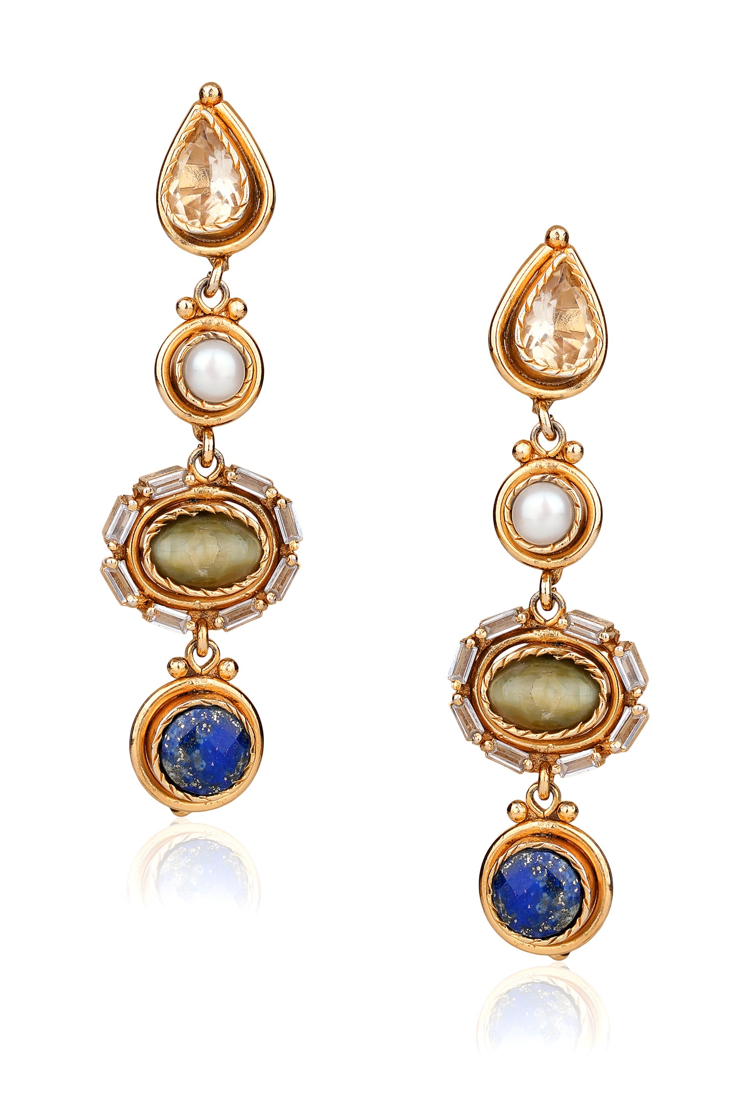 22K Gold Finish Linear Multi-Stone Drop Earrings — Contemporary Statement