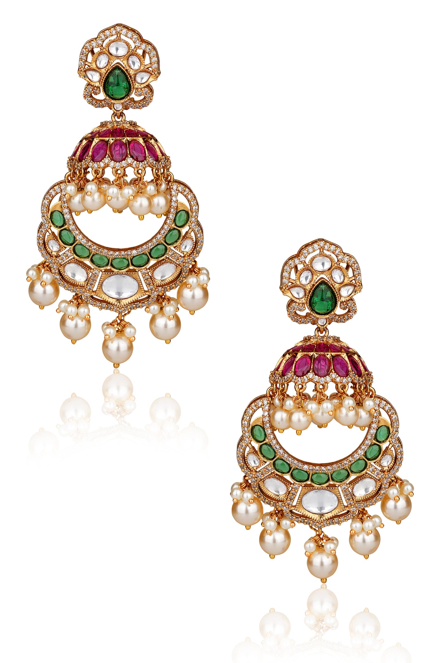 Moissanite Polki Chandbali Earrings with Ruby, Emerald and Pearl Drops — Mughal Heritage