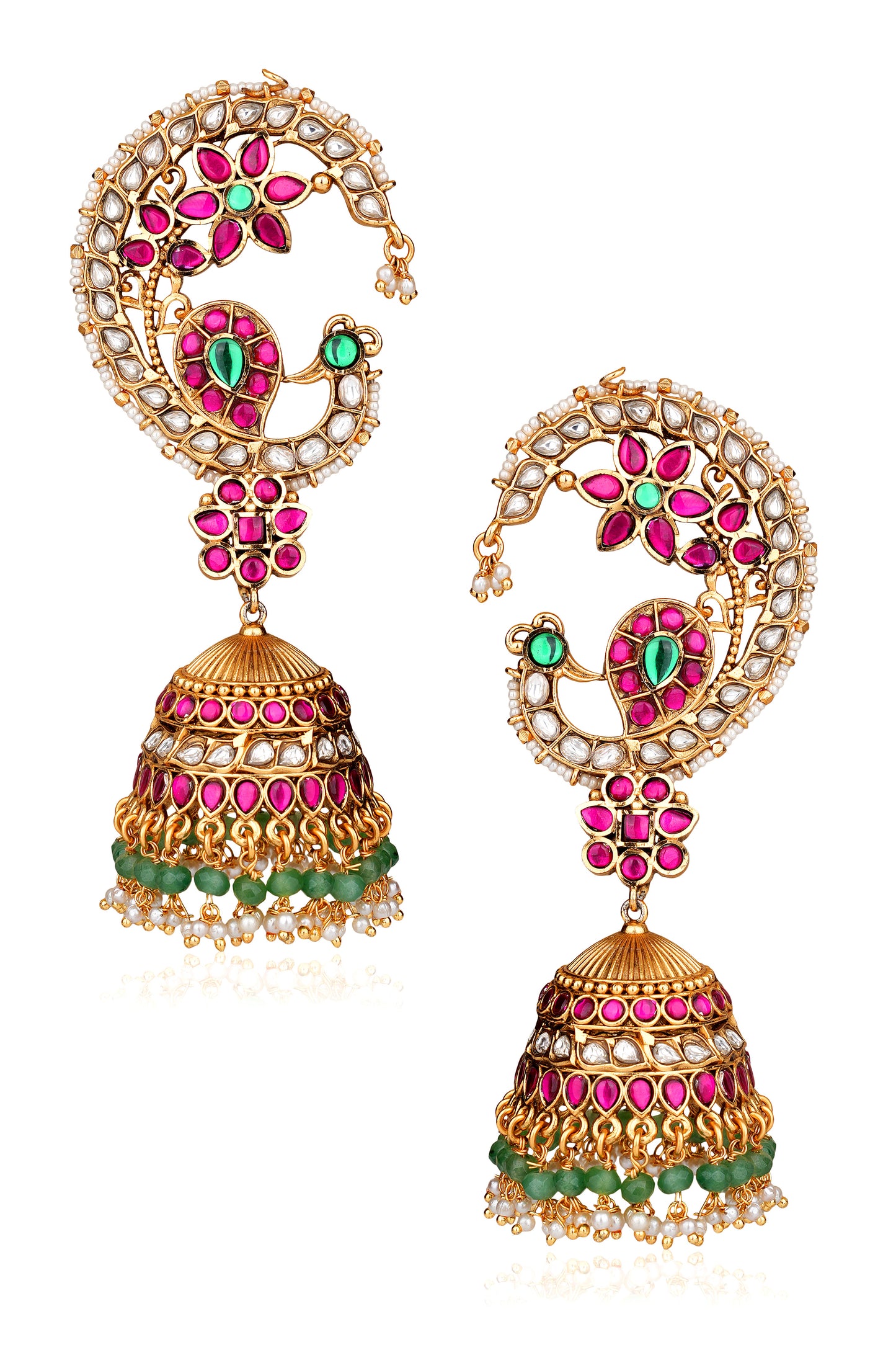 22K Gold Finish Moissanite Polki Ruby Ear Cuff Jhumka with Seed Pearl Cascade Chain — Mughal Bridal Statement