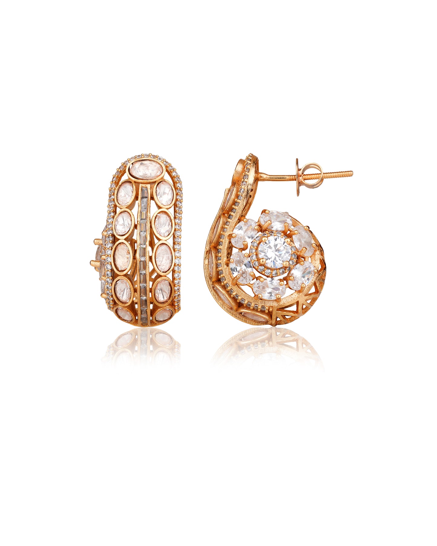 22K Gold-Plated Moissanite Polki Half-Hoop Earrings with American Diamond Pavé — Contemporary Chic
