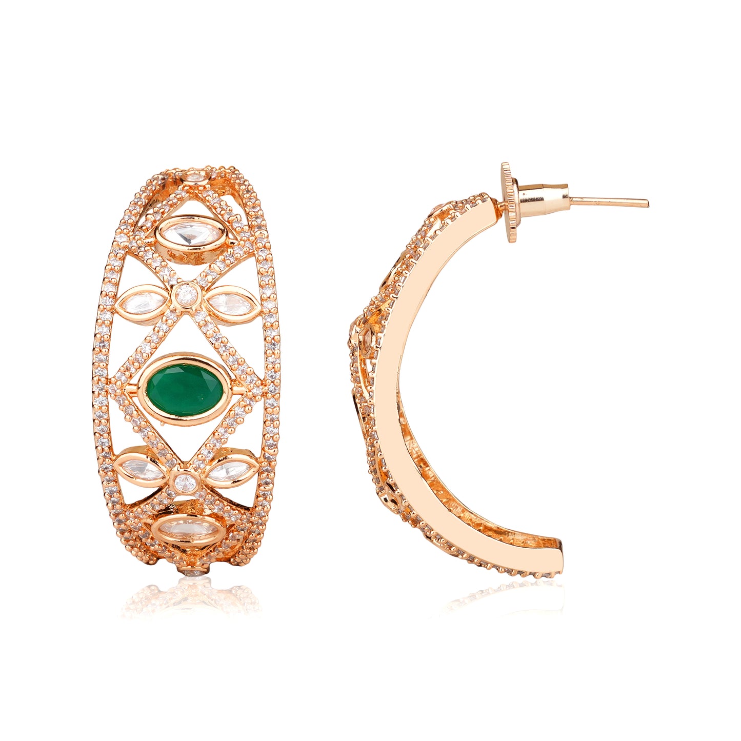 Emerald-Green Agate & American Diamond Jali Hoop Earrings in 22K Gold Finish