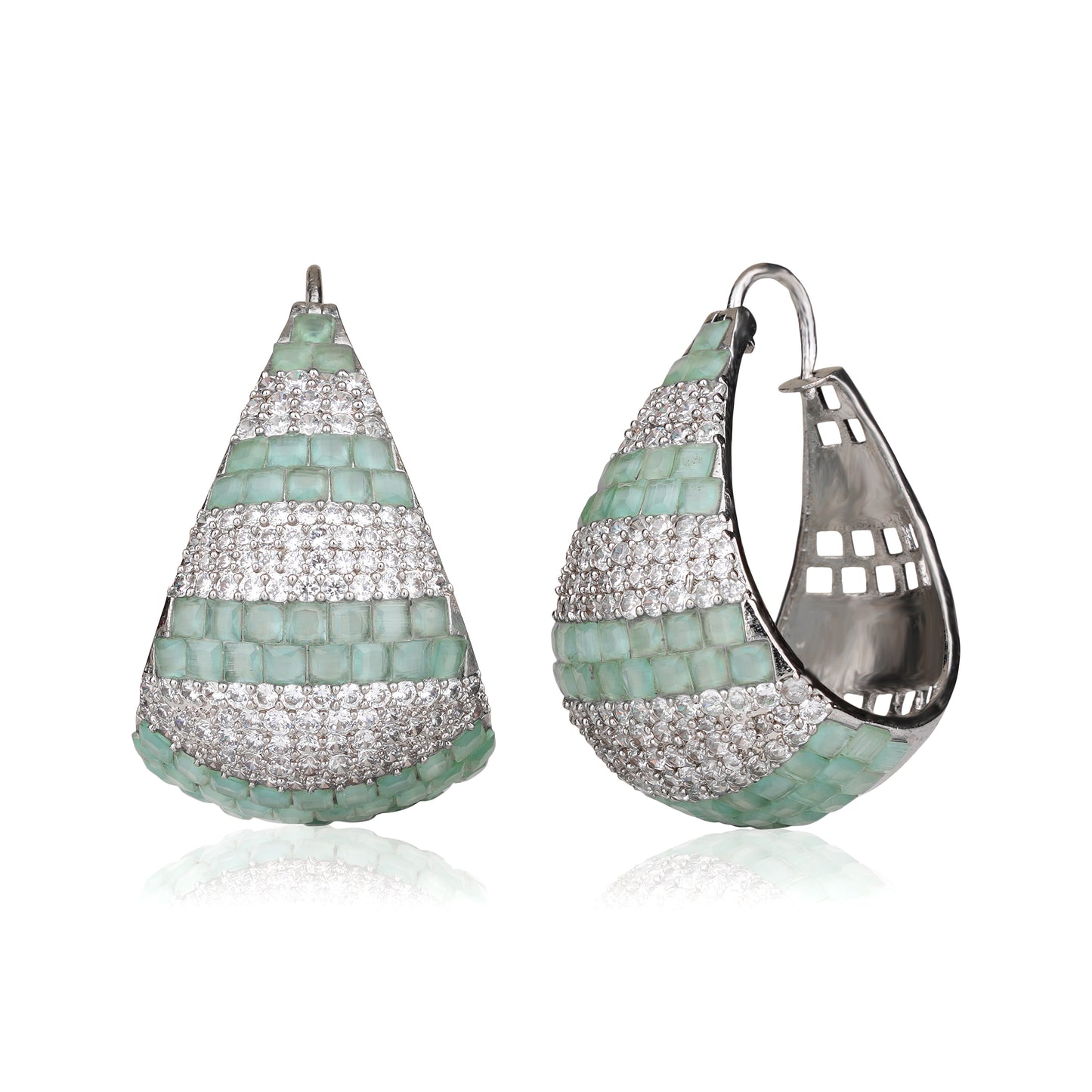 Sage Green Agate & American Diamond Geometric Jali Statement Earrings in Silver Finish