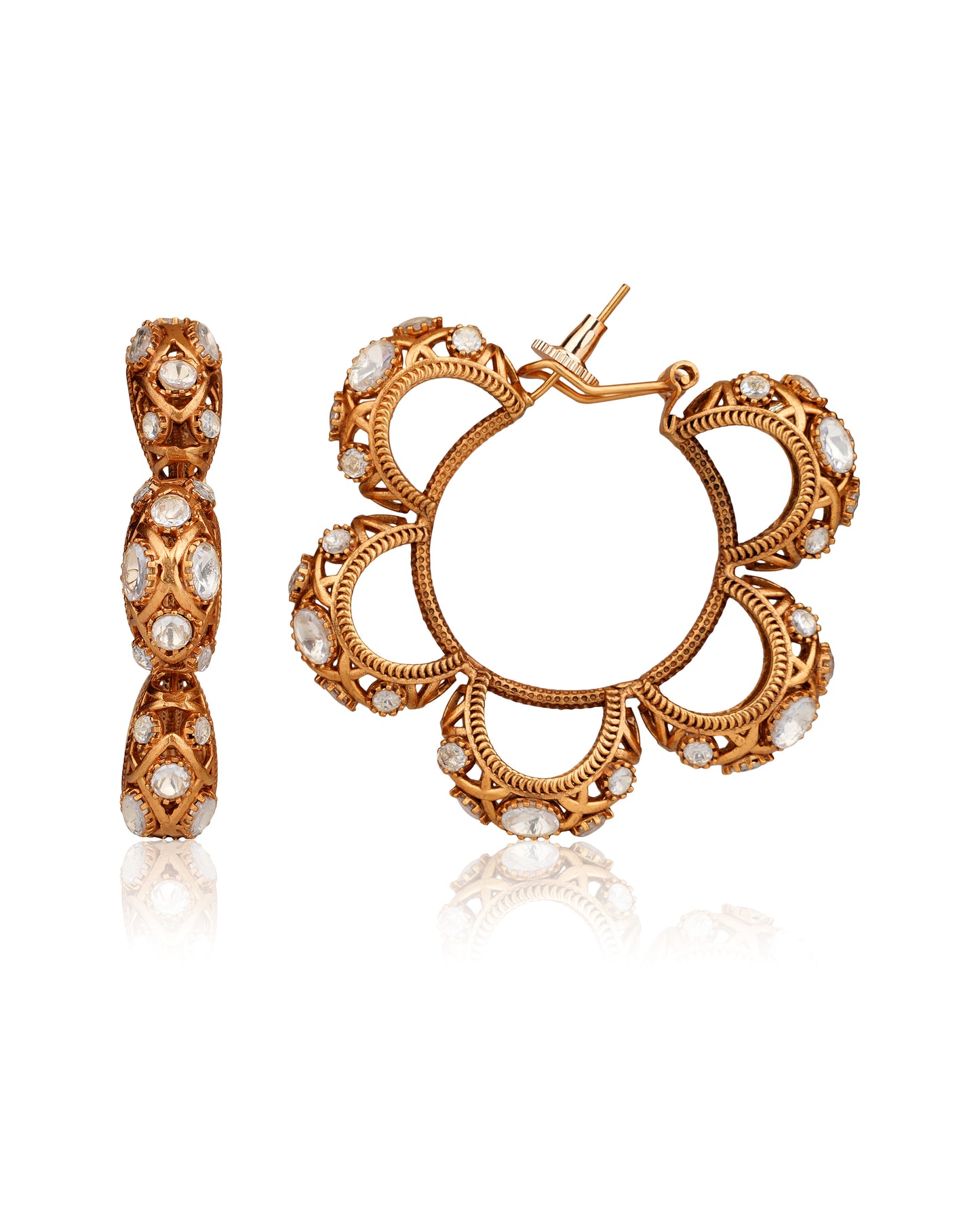 Maximalist 22K Antique Gold Finish Moissanite Polki Open Hoop Earrings — Mughal Heritage Statement