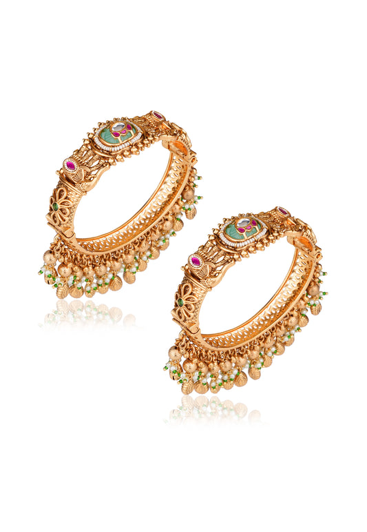 Gold-Plated Moissanite Polki & Ruby Openwork Bangle with Pearl-Drop Fringe — Bridal Cuff