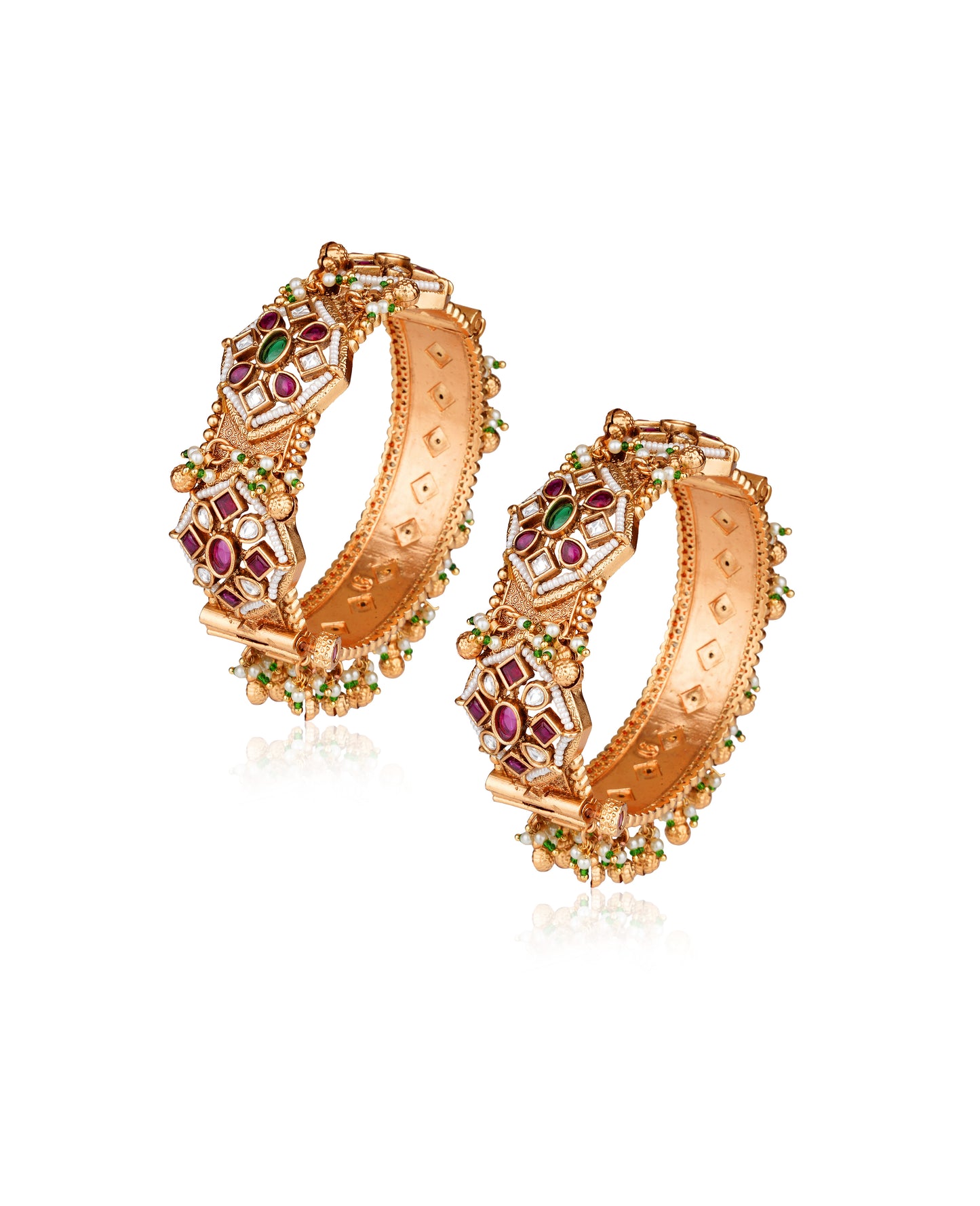 Antique Gold Moissanite Polki Bangle Set with Ruby, Emerald & Pearl Drop Fringe (Set of 2) — Rajasthani Bridal