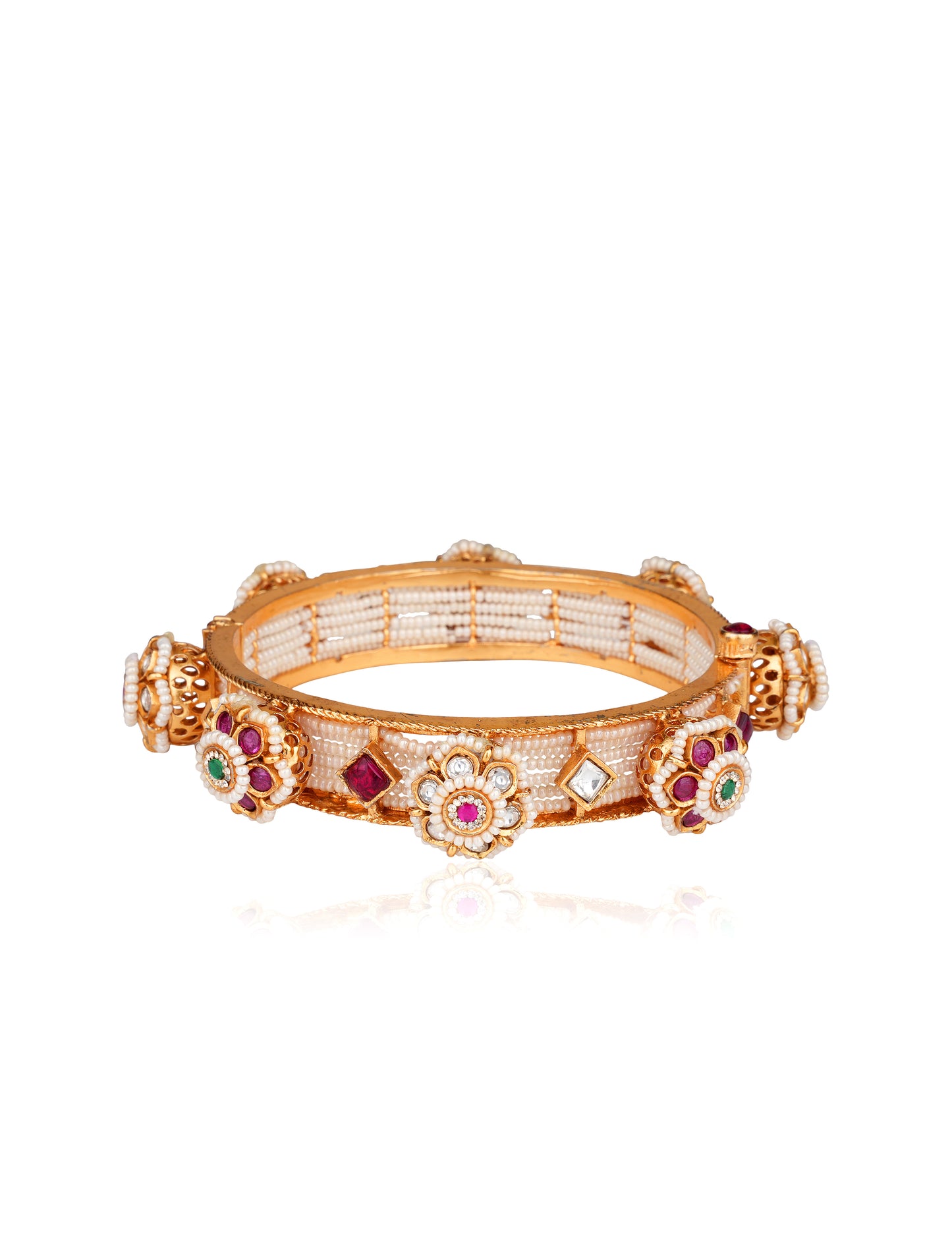 22K Gold-Plated Pearlwork Kada Bangles with Ruby, Green Agate & Moissanite Polki Florals (Set of 2) — Mughal Revival