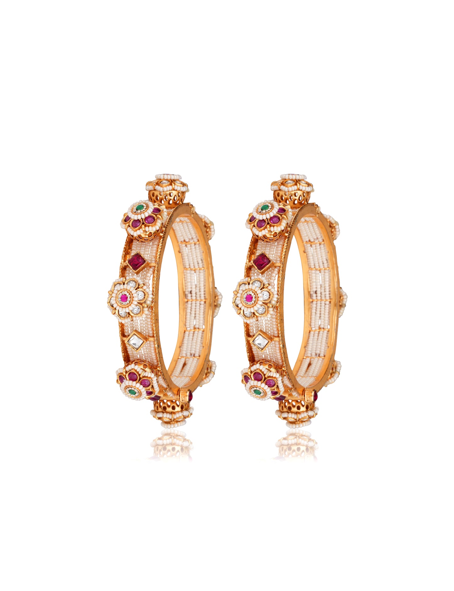22K Gold-Plated Pearlwork Kada Bangles with Ruby, Green Agate & Moissanite Polki Florals (Set of 2) — Mughal Revival
