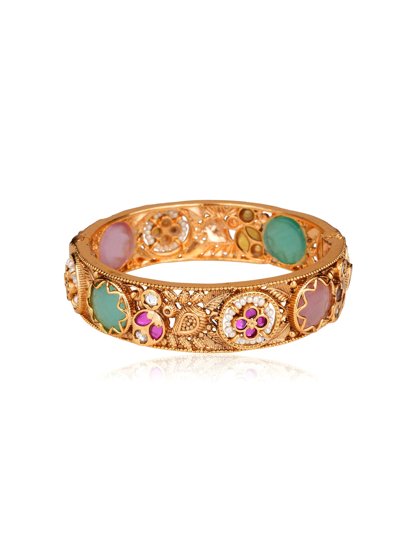 Gold-Plated Green Agate & Rose Quartz Jaali Kada Bangles (Set of 2) — Jaipur Revival Statement