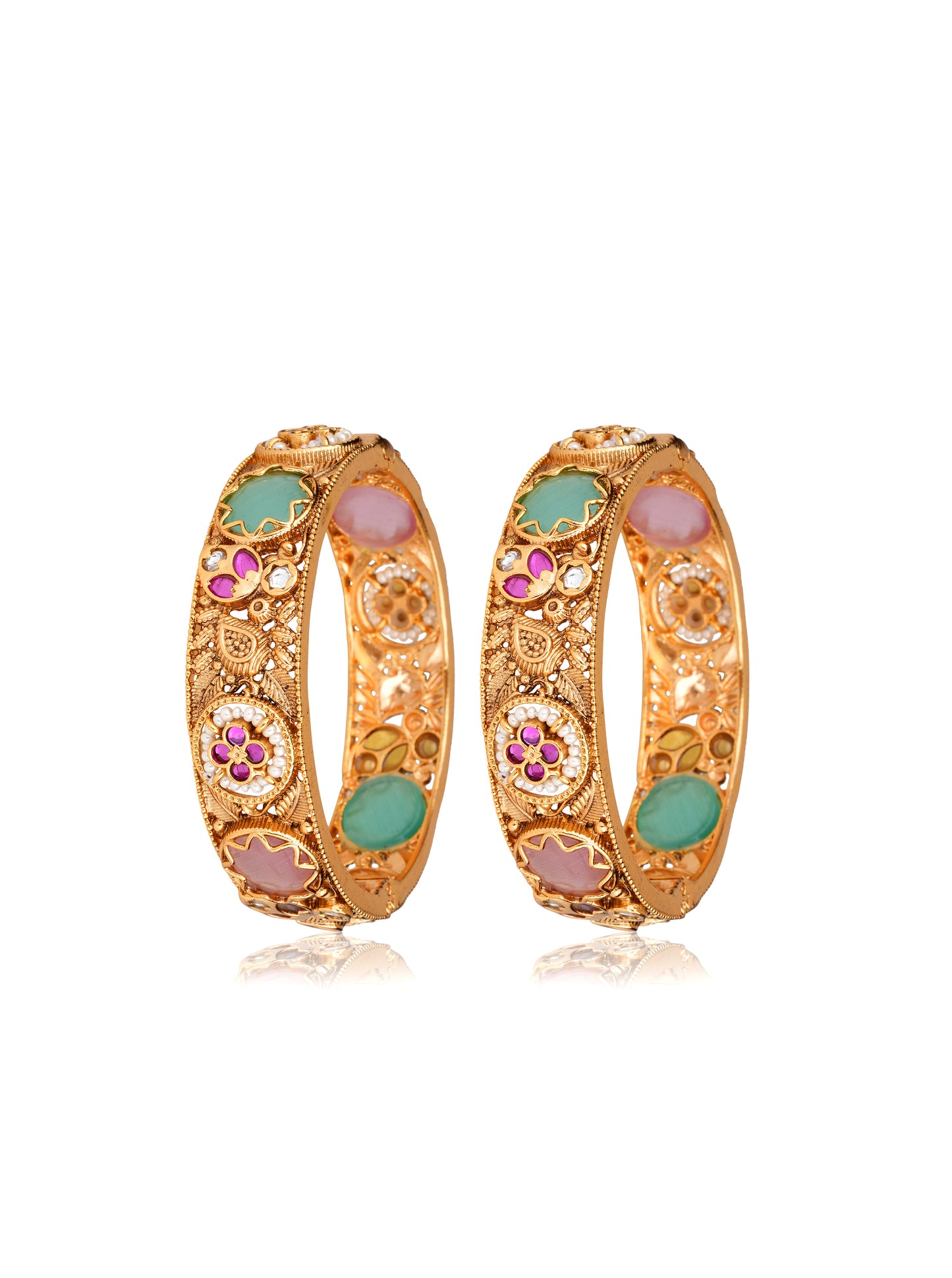Gold-Plated Green Agate & Rose Quartz Jaali Kada Bangles (Set of 2) — Jaipur Revival Statement