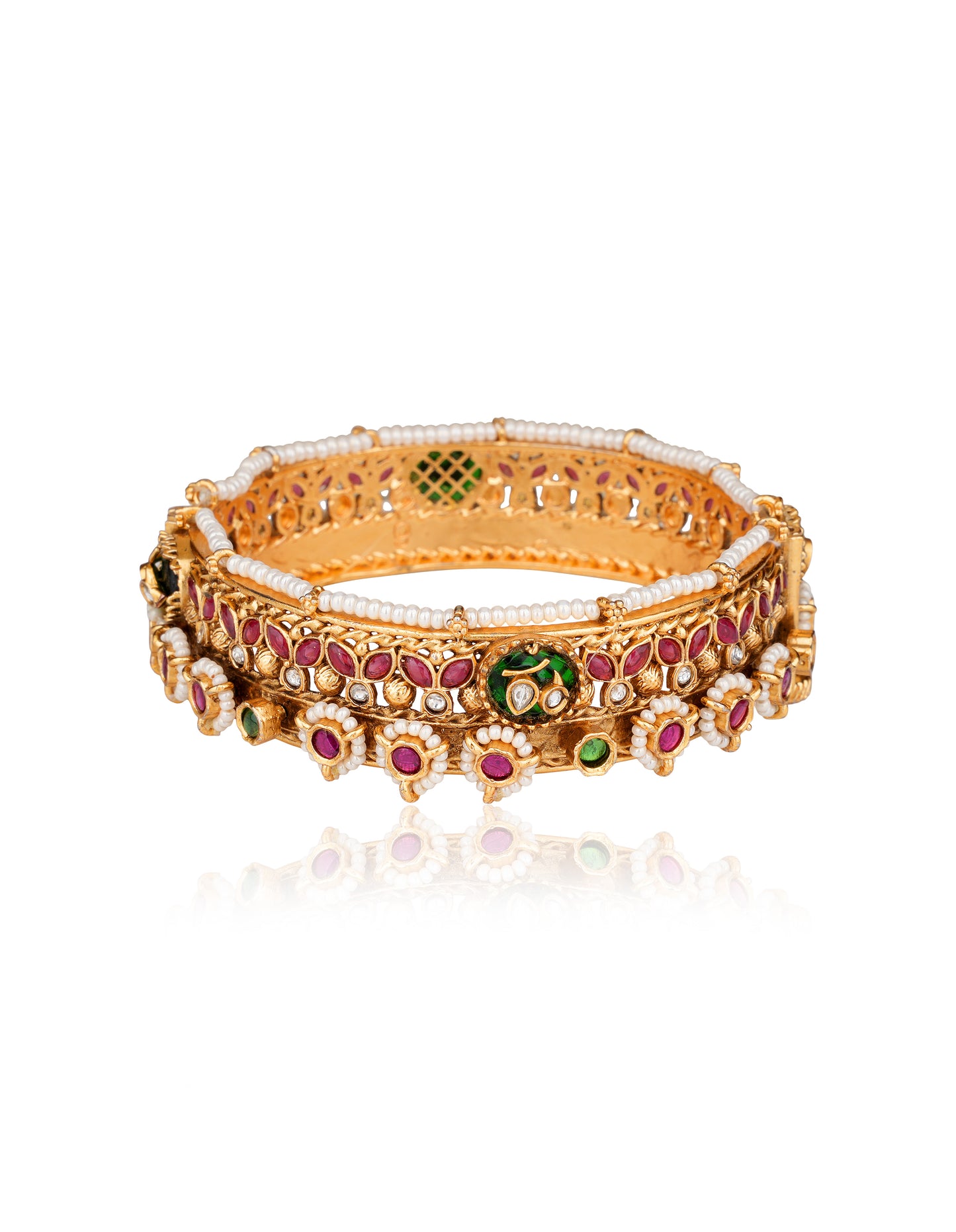 Moissanite Polki and Ruby-Emerald Rajwadi Kada in 22 Karat Gold-Plating with Seed Pearl Edging — Rajwada Statement Jewellery