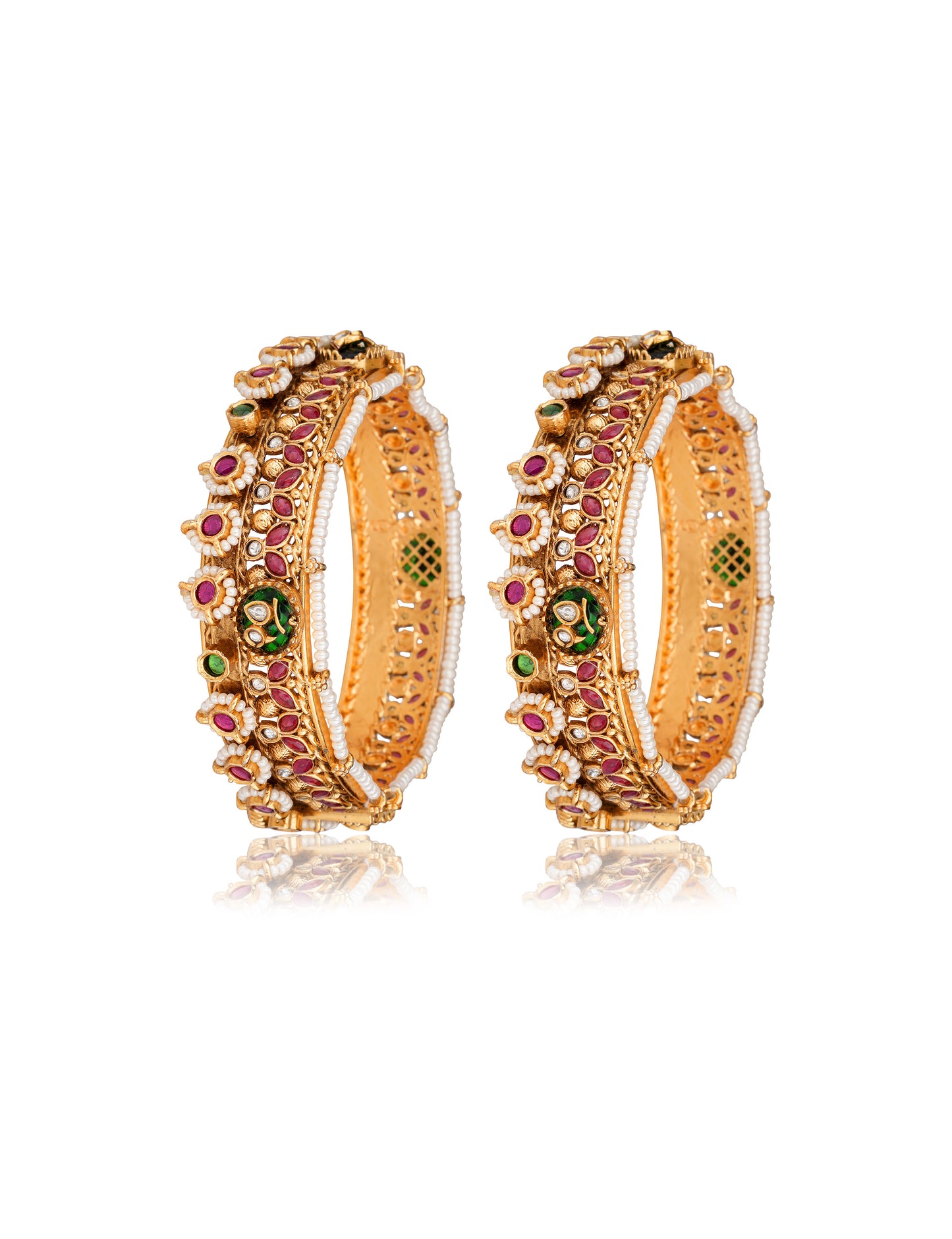 Moissanite Polki and Ruby-Emerald Rajwadi Kada in 22 Karat Gold-Plating with Seed Pearl Edging — Rajwada Statement Jewellery