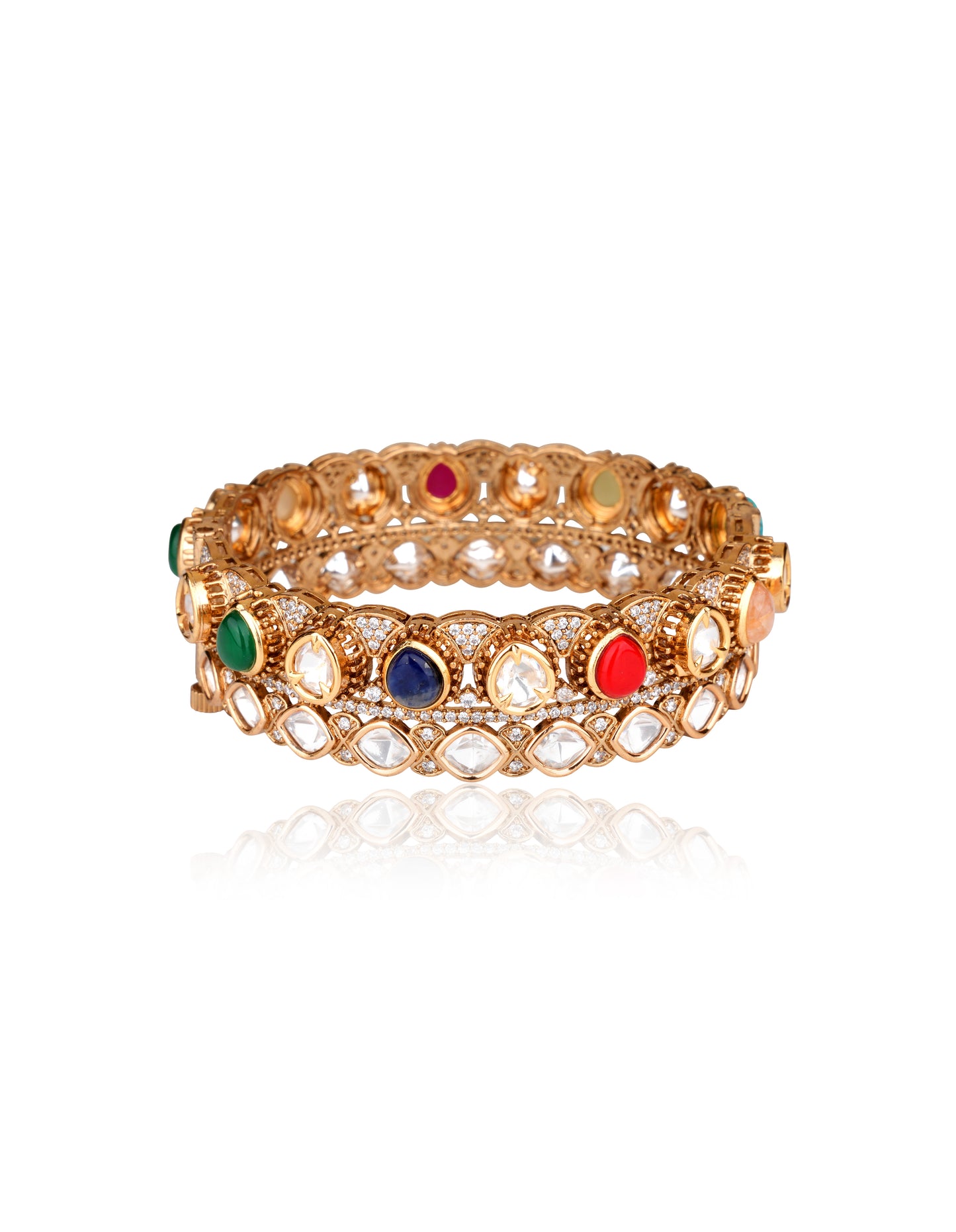 Navratan Moissanite Polki Kada Set in 22 Karat Gold Plating (Set of 2) — Mughal Revival