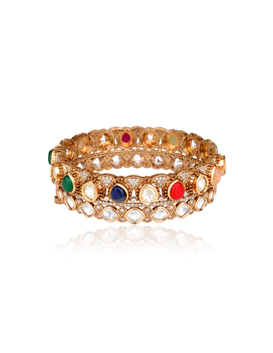 Navratan Moissanite Polki Kada Set in 22 Karat Gold Plating (Set of 2) — Mughal Revival
