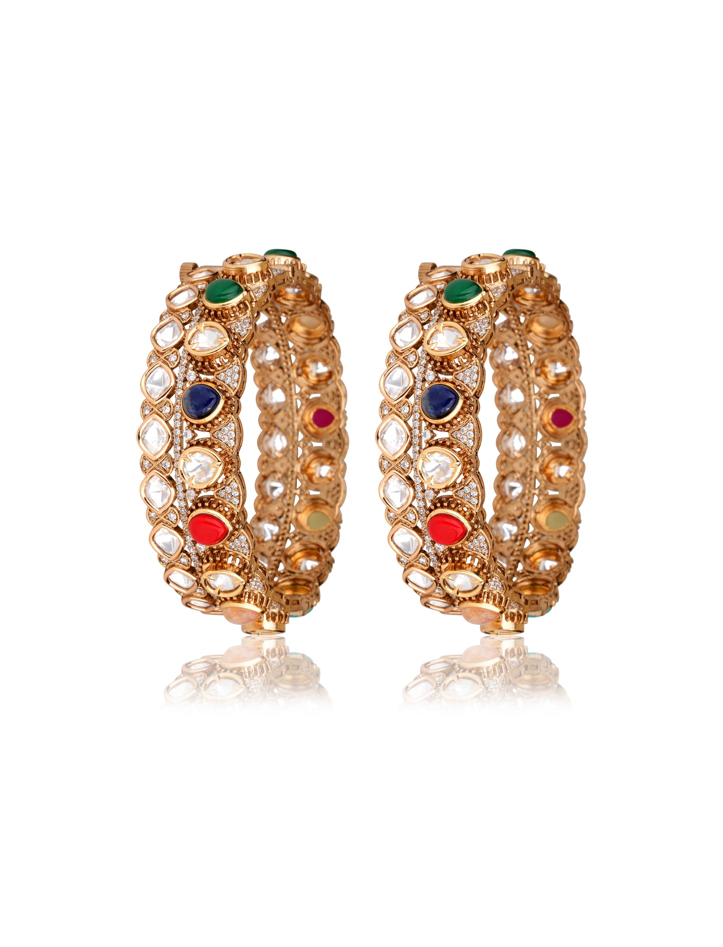 Navratan Moissanite Polki Kada Set in 22 Karat Gold Plating (Set of 2) — Mughal Revival