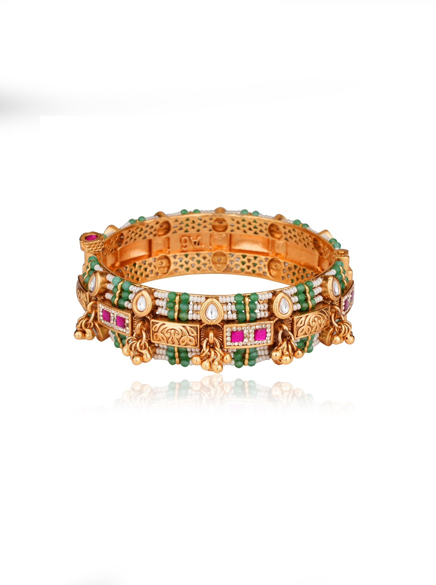 Gold-Plated Moissanite Polki & Ruby Bangle with Emerald Bead & Pearl Detail Kangan Bangles (Set of 2) — Artisanal Heritage