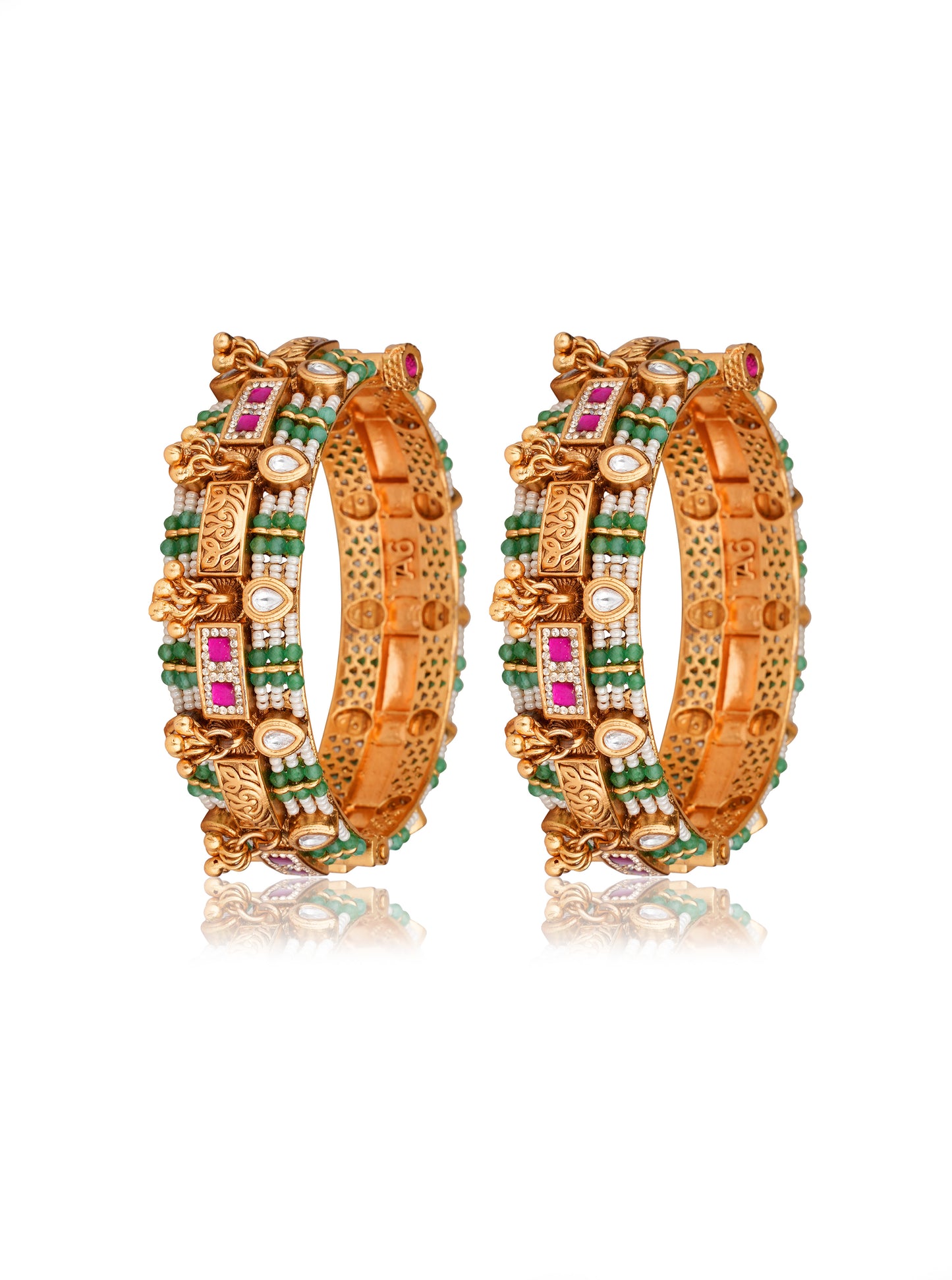 Gold-Plated Moissanite Polki & Ruby Bangle with Emerald Bead & Pearl Detail Kangan Bangles (Set of 2) — Artisanal Heritage