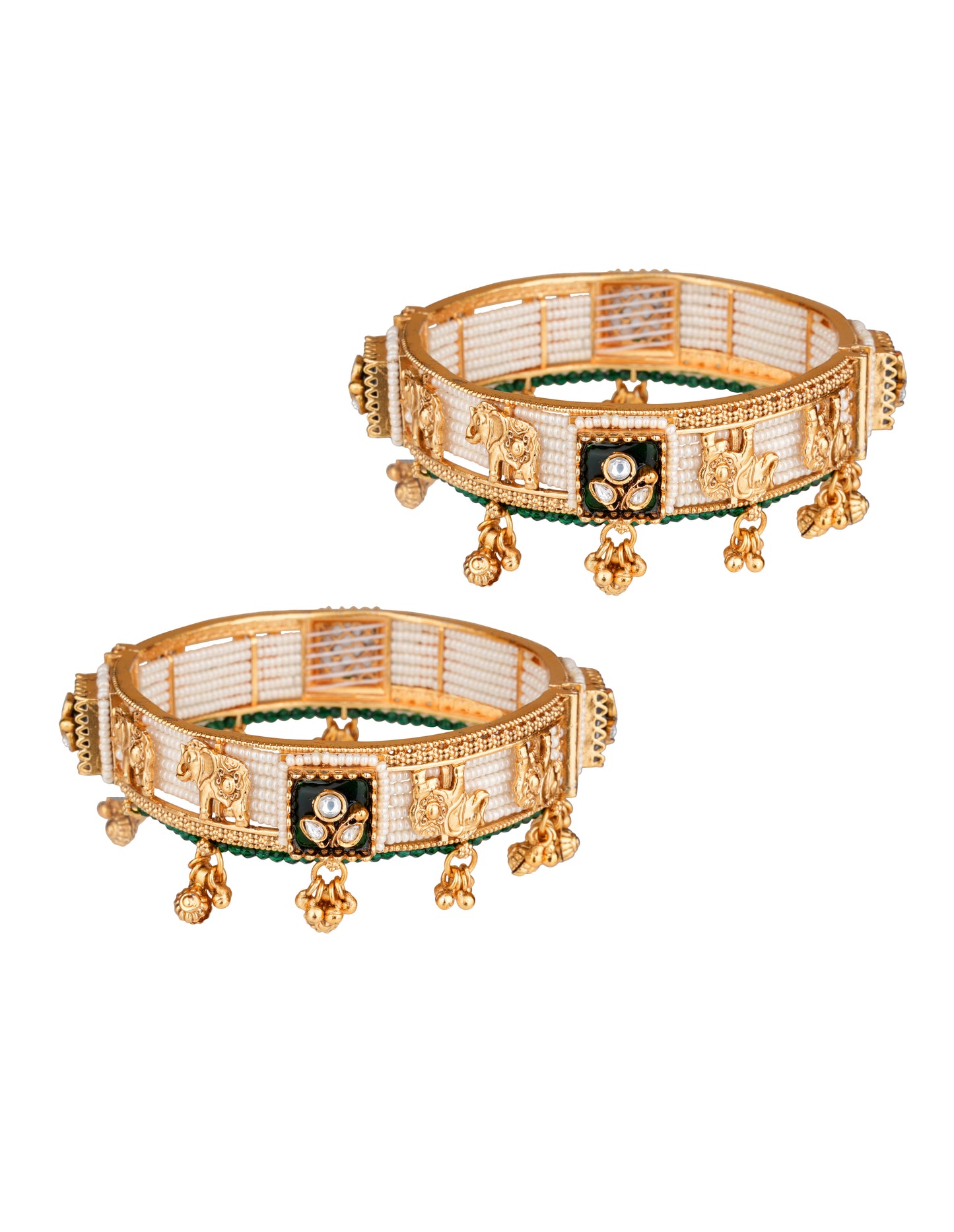 Green Enamel Elephant Motif Bangle Set with Ghungroo — Festive Statement Kangan (Set of 2)
