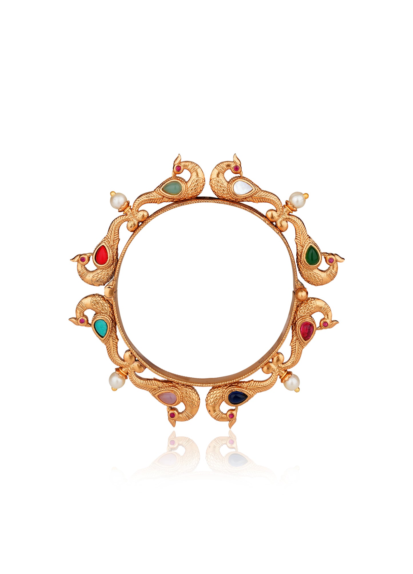 Hand-carved Navratna Peacock Kada & Multi-Stone Bangle Set — Heritage Hand Jewellery (Set of 2)